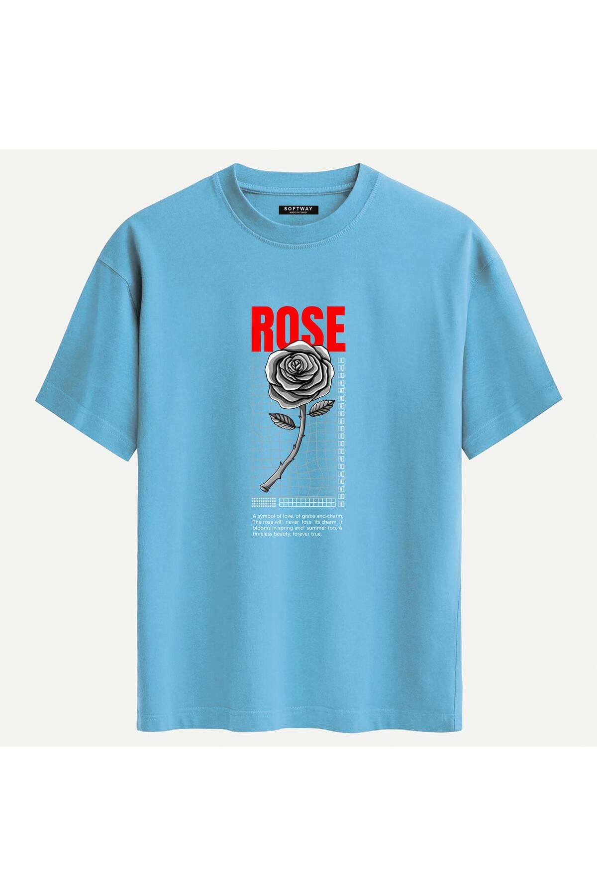 SOFTWAY Unisex Bisiklet Yaka %100 Organik Pamuklu Kalın Dokulu Rose Baskılı Oversize T-shirt - MAVİ