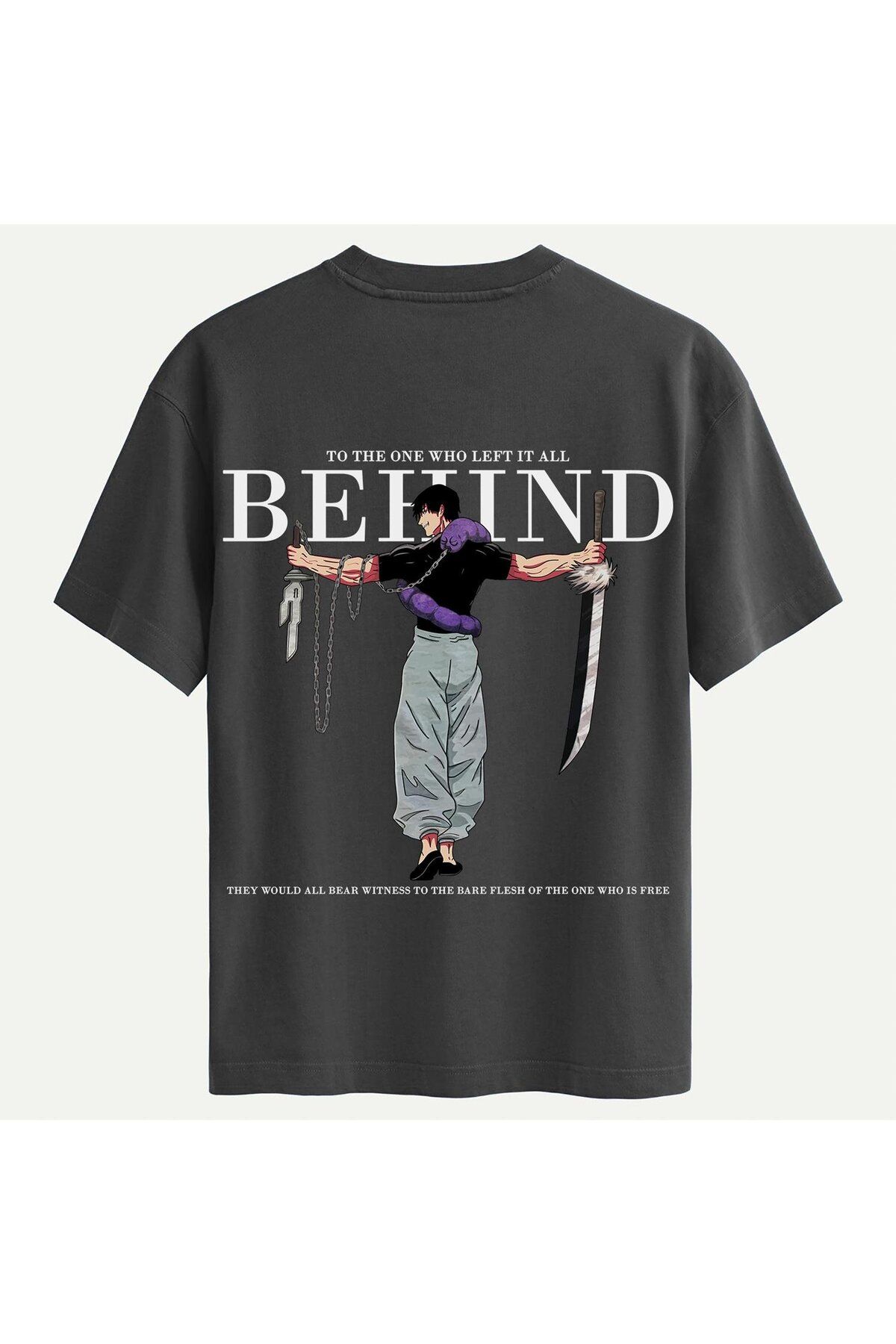 SOFTWAY Unisex Bisiklet Yaka %100 Organik Pamuklu Kalın Dokulu Behind Baskılı Oversize T-shirt - FÜME