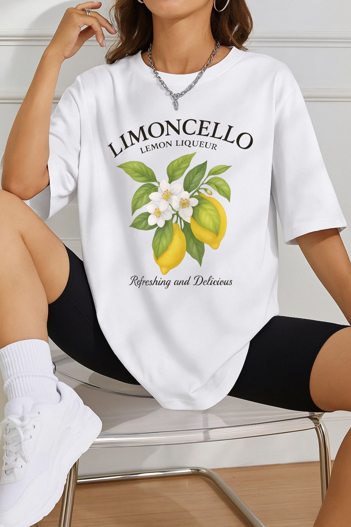ArtWearDesign Kadın Beyaz Limoncello Limon Likörü Baskılı %100 Pamuk Bisiklet Yaka Kısa Kol Süprem T-Shirt