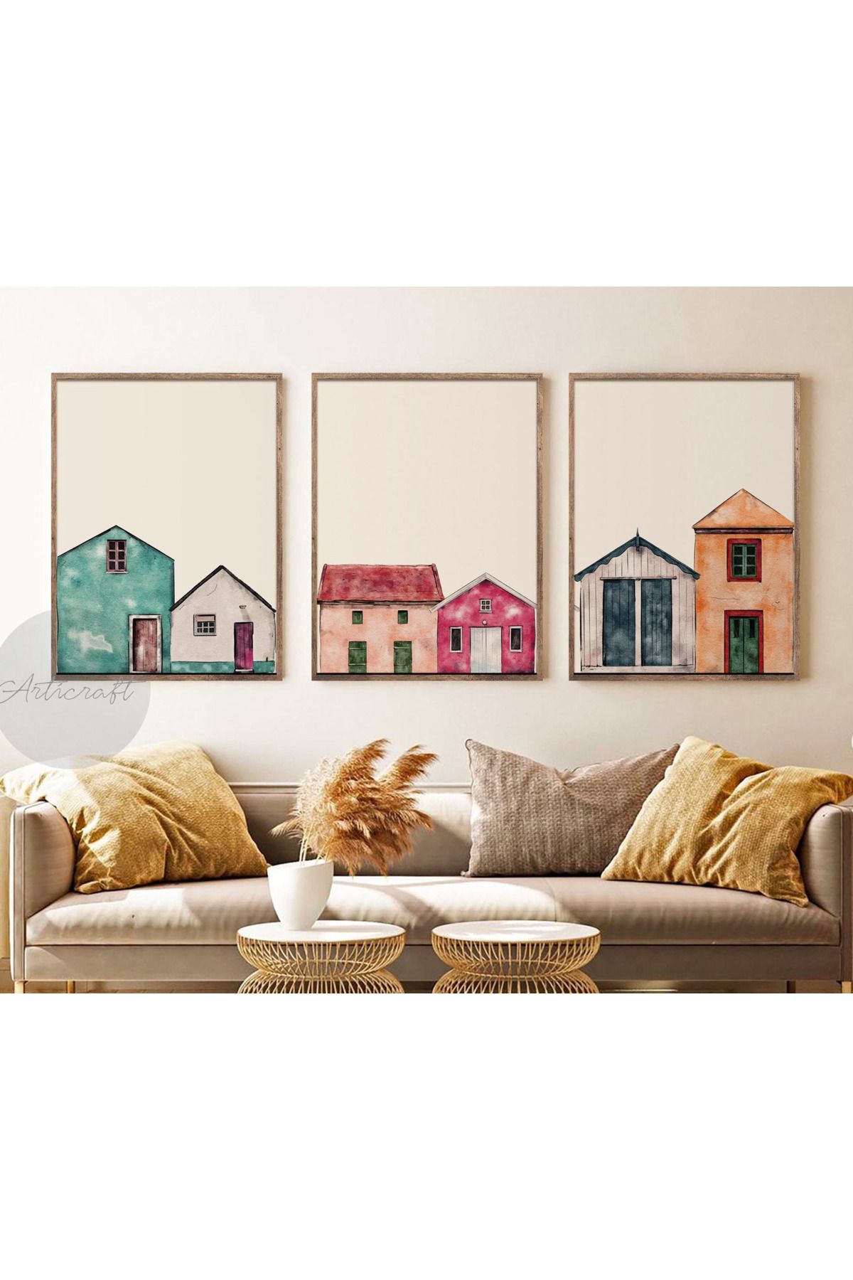 woodhomeworks Ahşap Çerçeveli 3lü Soyut Tablo