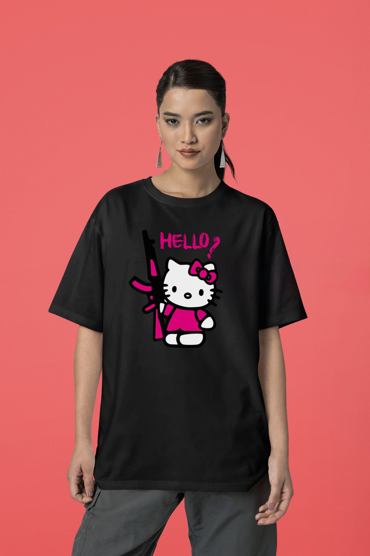 swOzz Oversize Unisex Yazılı Tişört – Hello Kitty Esintili Tasarım | Sokak Stili Baskılı Model