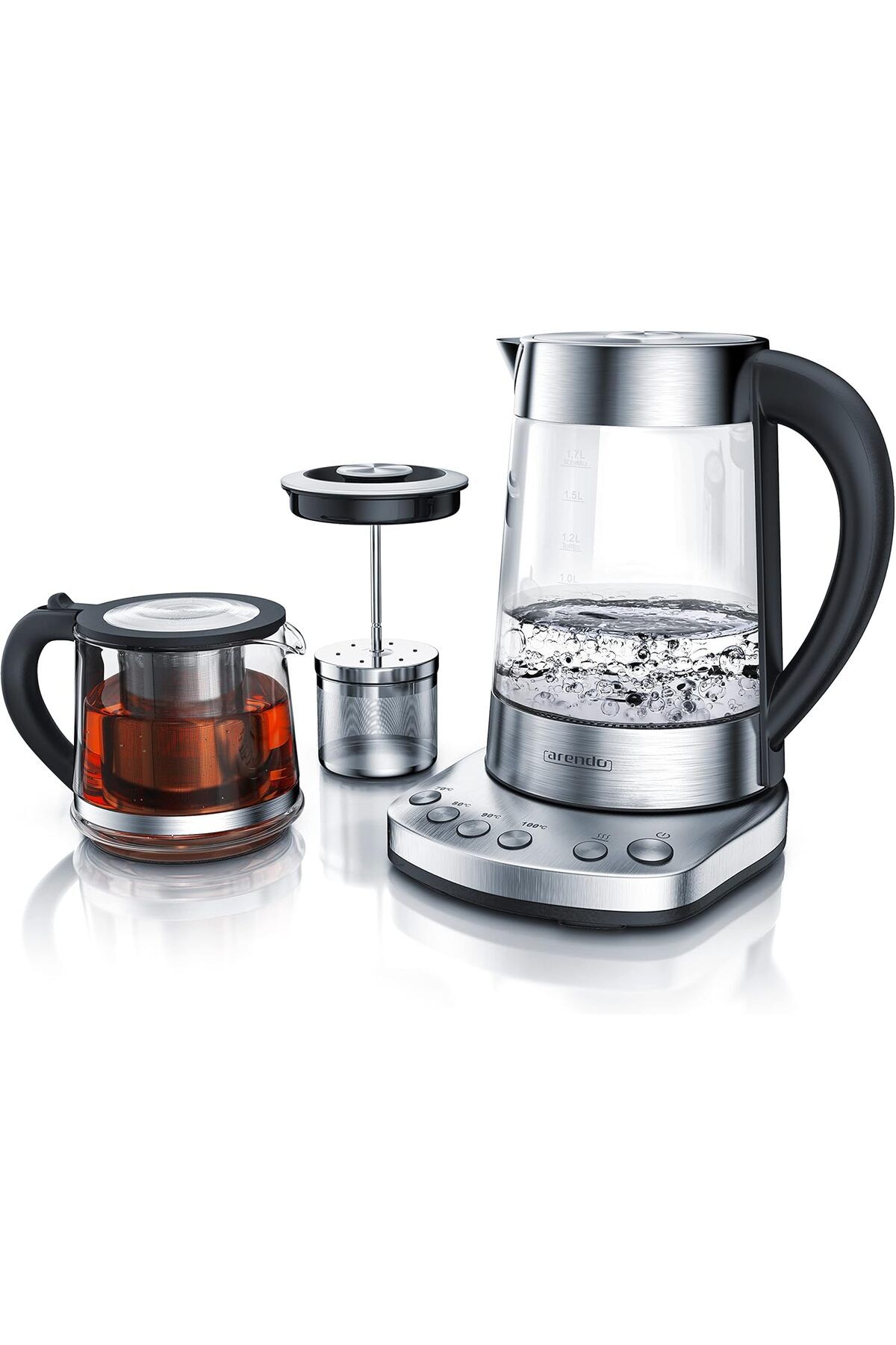Arendo Sıcaklık Ayarlı Cam Su Isıtıcısı ve Çaydanlık Aparatı - 1,7 Litre,2400W,Paslanmaz Çelik