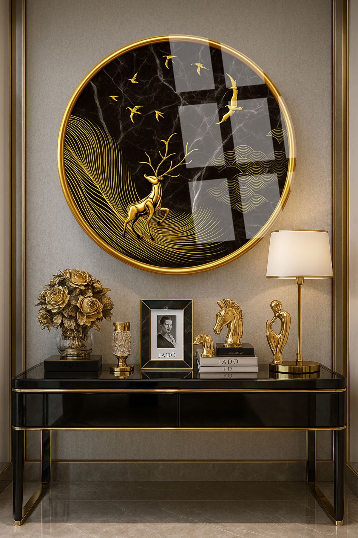 TAULART ALTIN GEYİK DAĞ GOLD DETAY YUVARLAK KIRILMAZ MODERN CAM TABLO EV HEDİYESİ LÜKS ODA TABLOSU