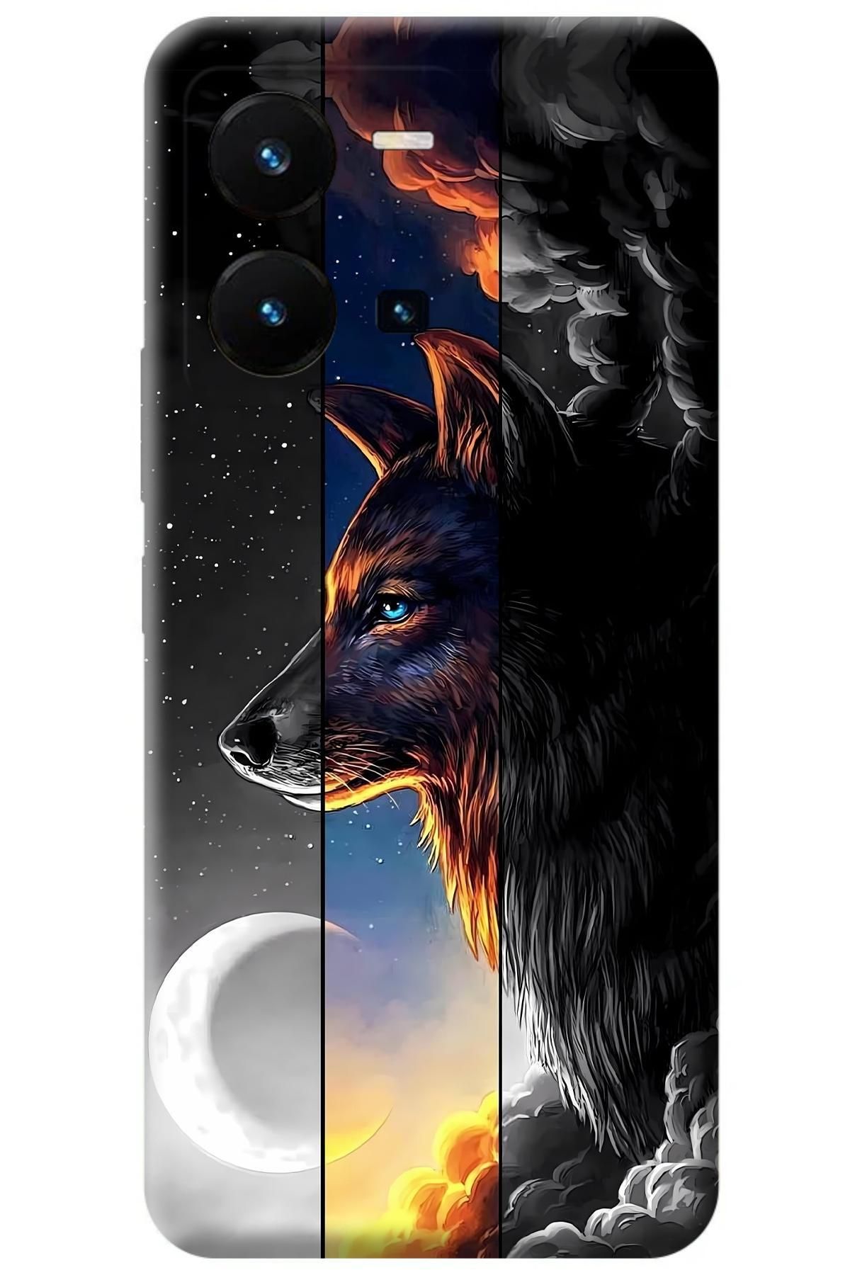 Lopard Vivo Y35 Kenarları Şeffaf Kapak Covers 30 Kurt Duvar Kağıdı Siyah