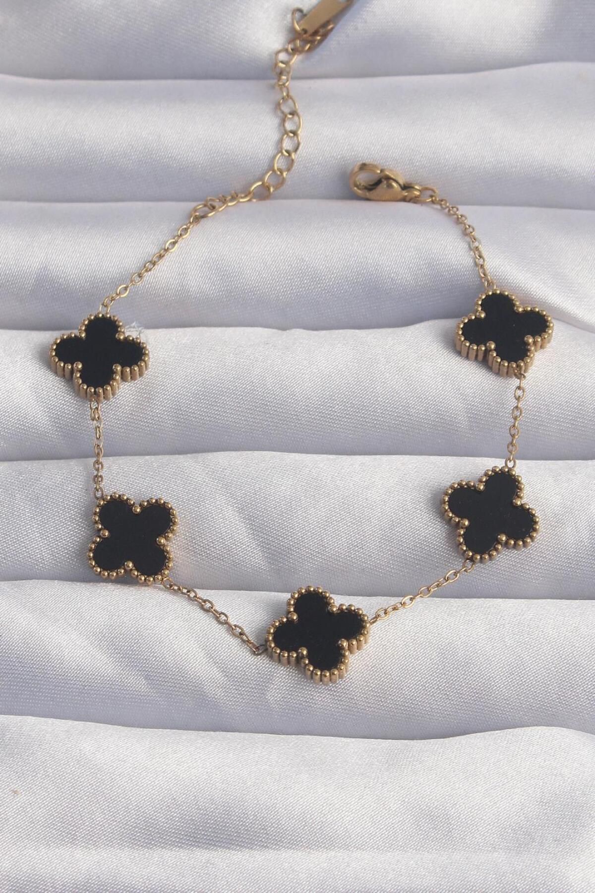 PARLACCESSORY 316L Çelik Gold Renk Siyah Mineli Yonca Bileklik
