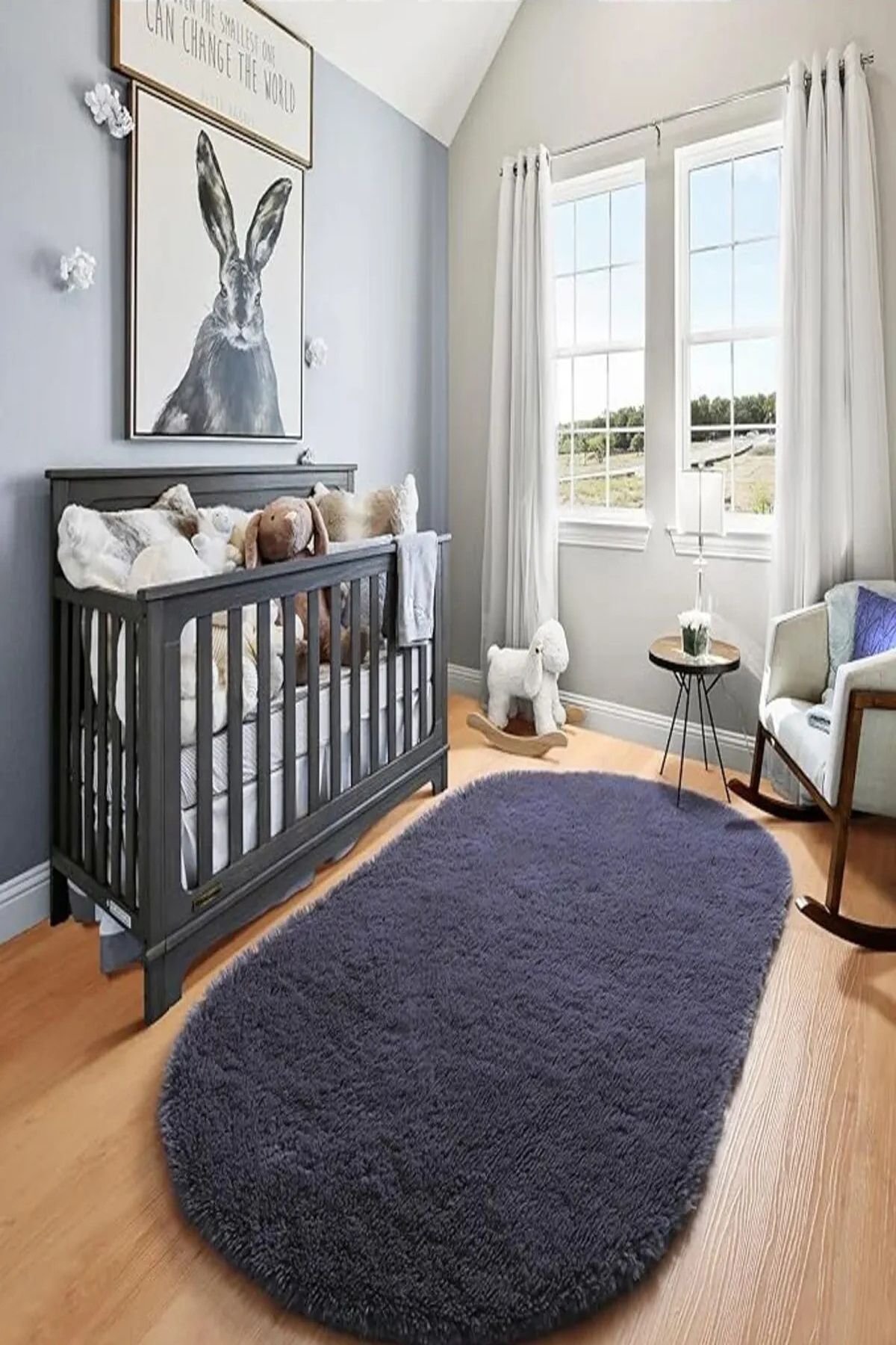 Badelya Home Antrasit Oval Peluş Post Halı Yolluk Yumuşak Tüylü Puffy Kaymaz Dekoratif Yıkanabilir Modern