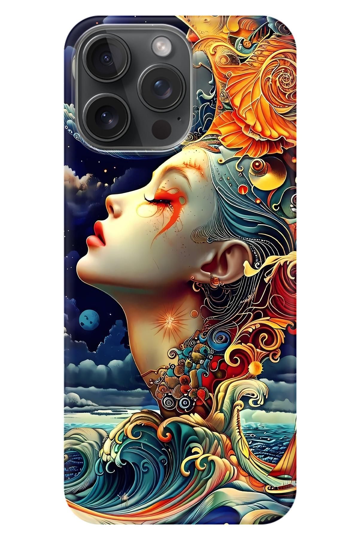 Lopard Apple iPhone 15 Pro Max Silikon Kılıf Covers 34 Kadın Ay İllustrasyon Turuncu