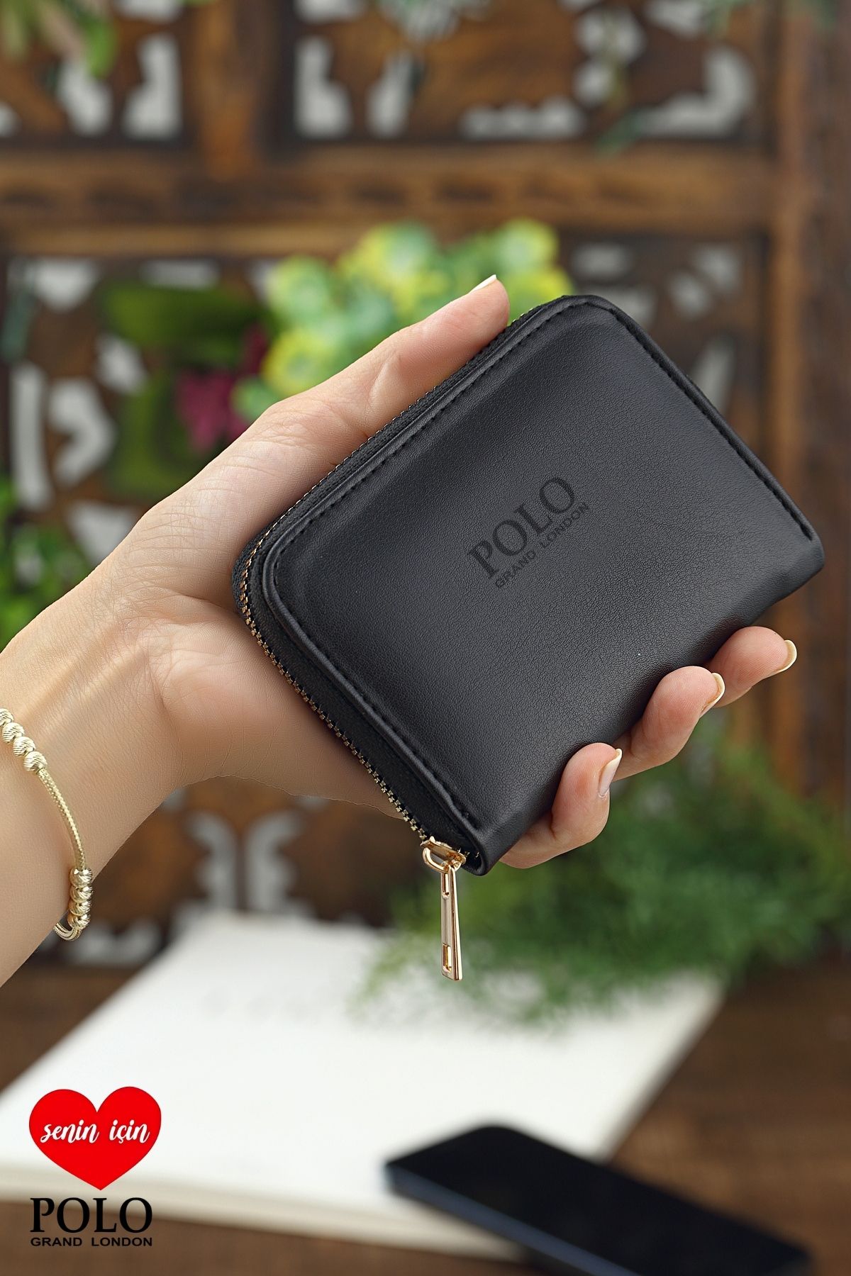 POLOGRAND London Orijinal Kadın Kartlıklı Bozuk Para Bölmeli Fermuarlı Konfor Modeli Şık Mini Kartlık Siyah Cüzdan