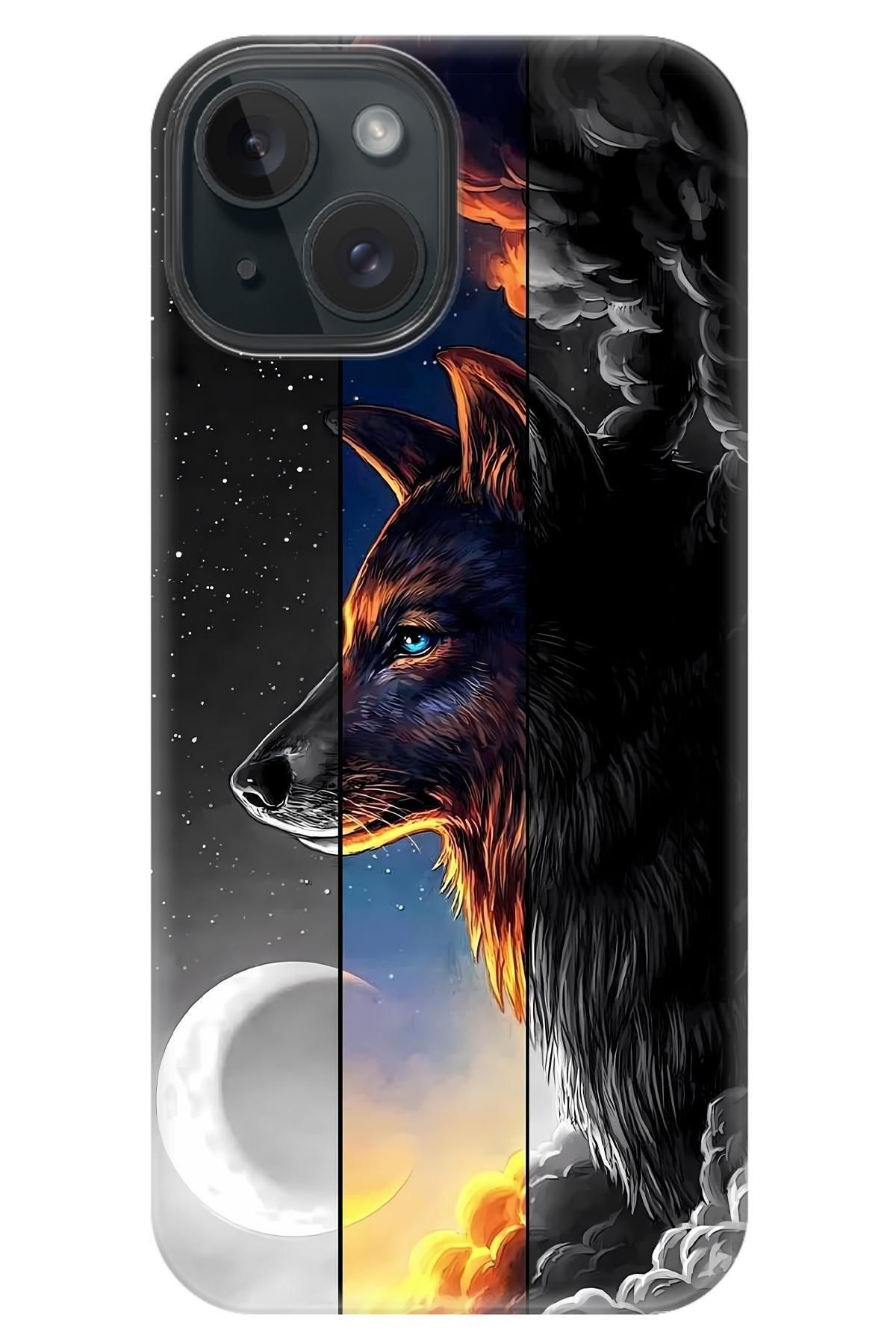 Lopard Apple iPhone 14 Kenarları Şeffaf Kapak Covers 30 Kurt Duvar Kağıdı Siyah