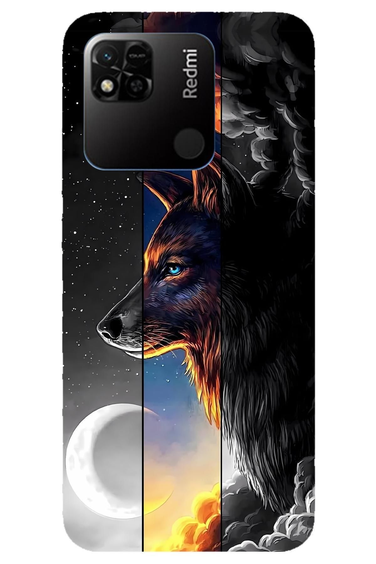 Lopard Xiaomi Redmi 10A Kenarları Şeffaf Kapak Covers 30 Kurt Duvar Kağıdı Siyah