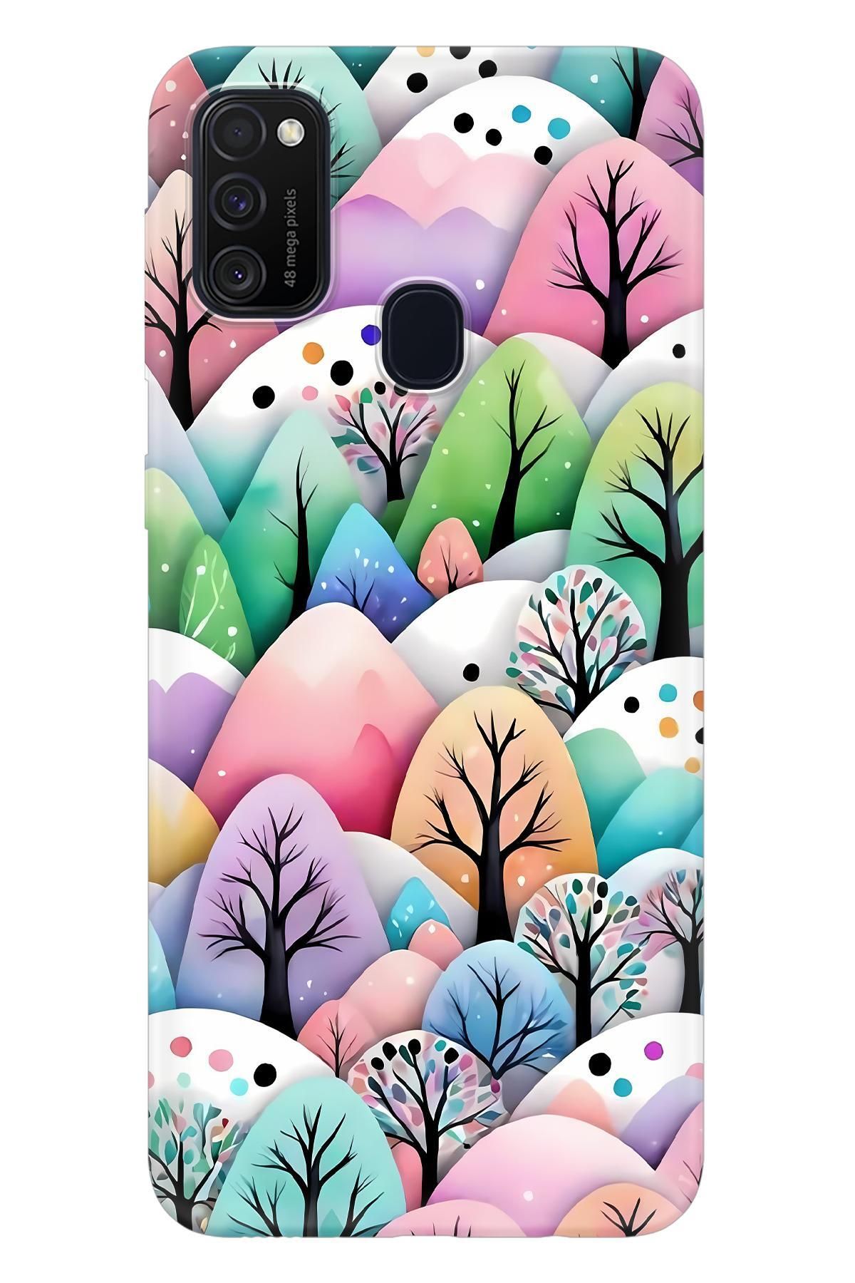 Lopard Samsung Galaxy M21 UV Kılıf Covers 39 Pastel Çiçekli Ağaçlar