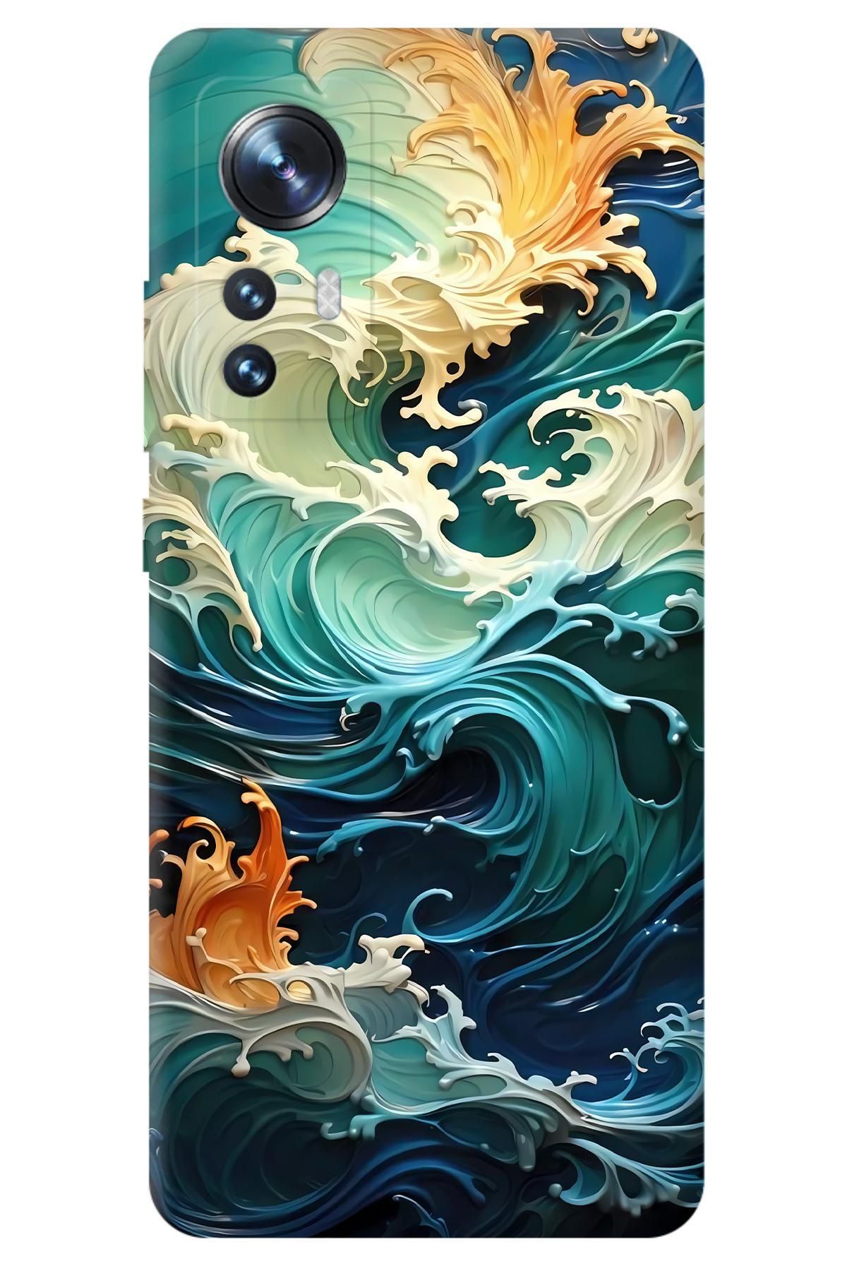 Lopard Xiaomi Mi 12 Arka Kapak Covers 33 3d Okyanus Dalgalar Beyaz Mavi