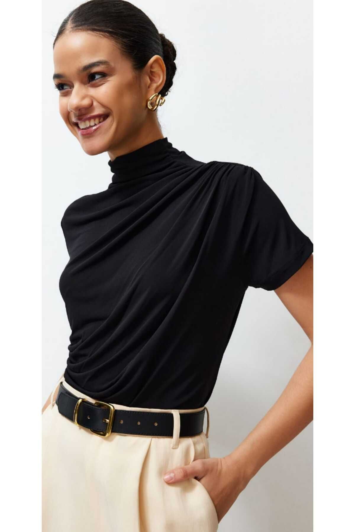 shop KADIN BİSİKLET YAKA BÜZGÜLÜ KISA KOL BLUZ