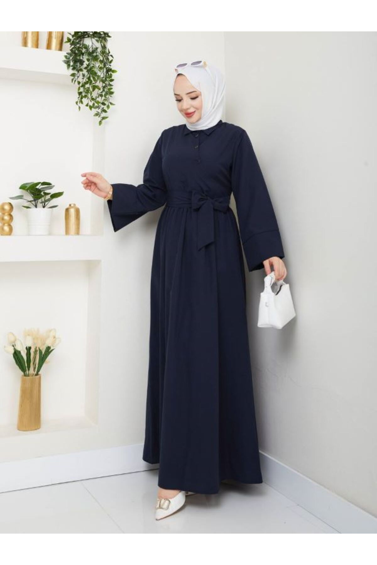 Aşkın fashion fiyonk detaylı asimetrik uzun tesettür elbise