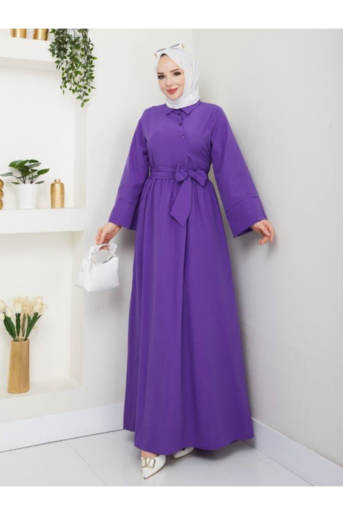 Aşkın fashion fiyonk detaylı asimetrik uzun tesettür elbise