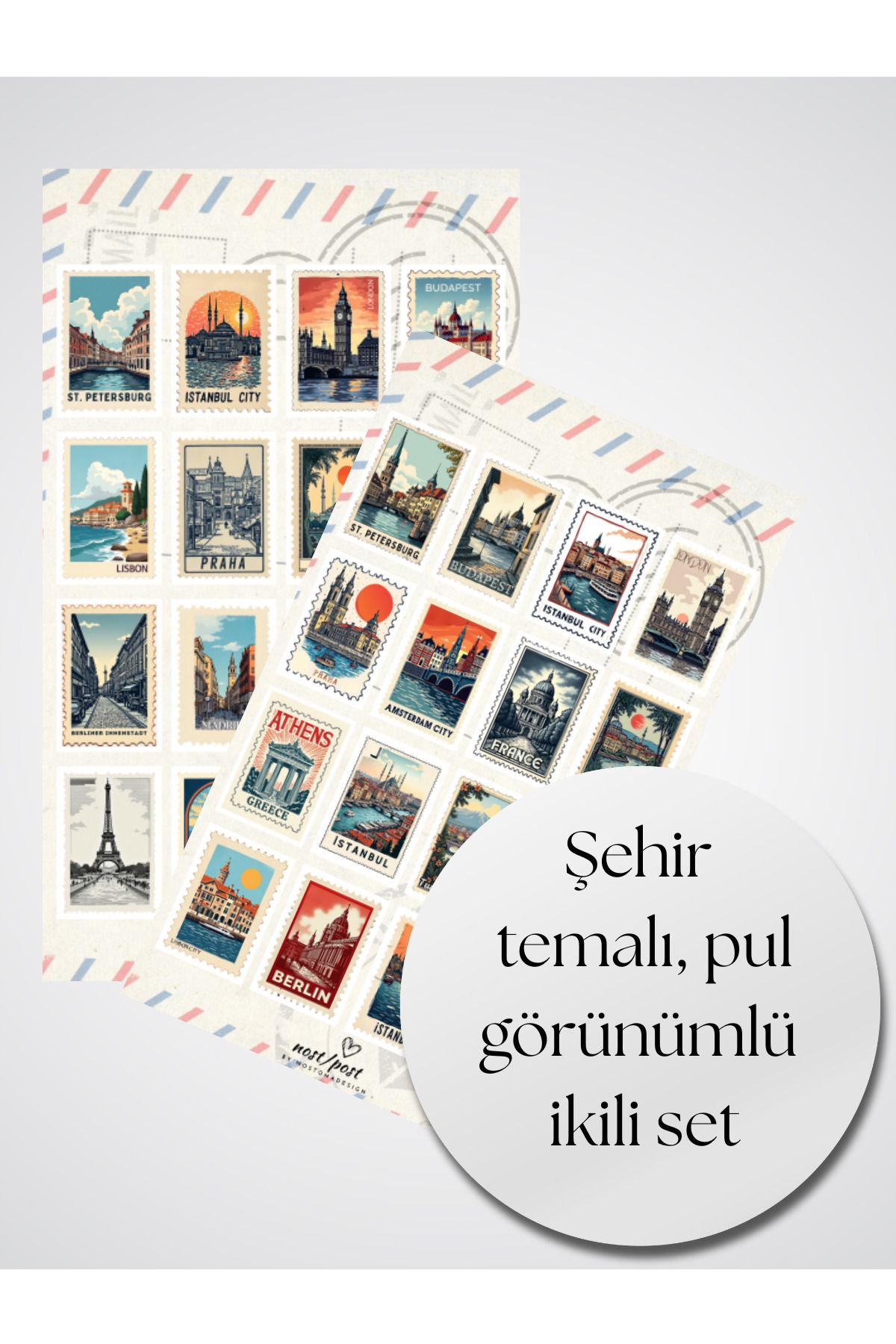 nostpost nost/post Bullet Journal Sticker Şehir Temalı Pul Görünümlü Sticker-City Stamps