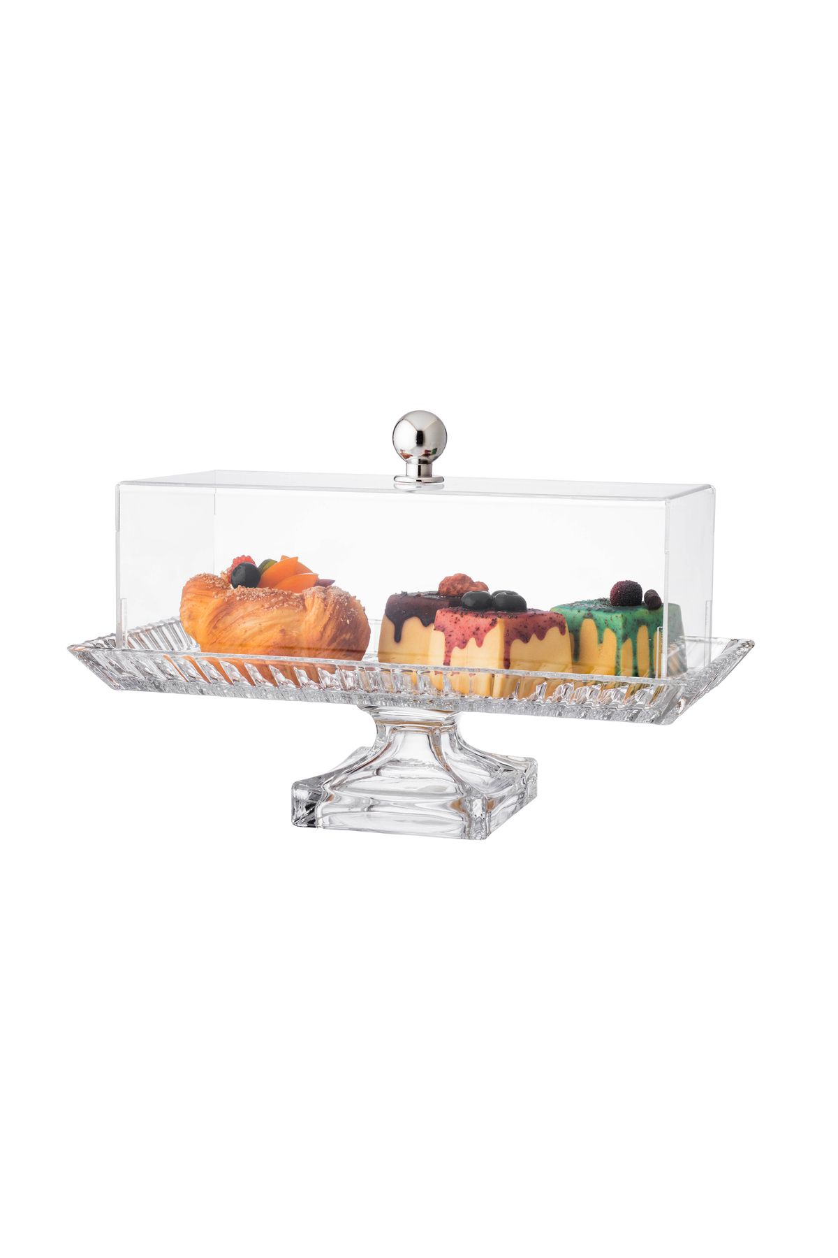 ABAREEK-Glass serving platter with base for sweets, fruits and nuts, multi-purpose, clear rectangular shape with acrylic cover 2