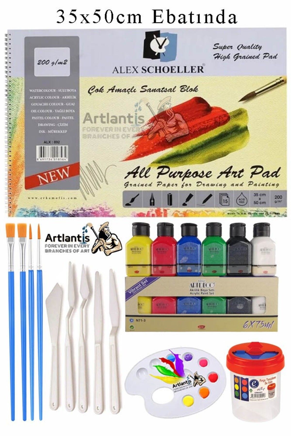 Artlantis Alex Schoeller Çok Amaçlı Sanatsal Blok 35x50 200 gr 15 Yaprak Artdeco 75 ml Akrilik Boya 6 Renk Pla