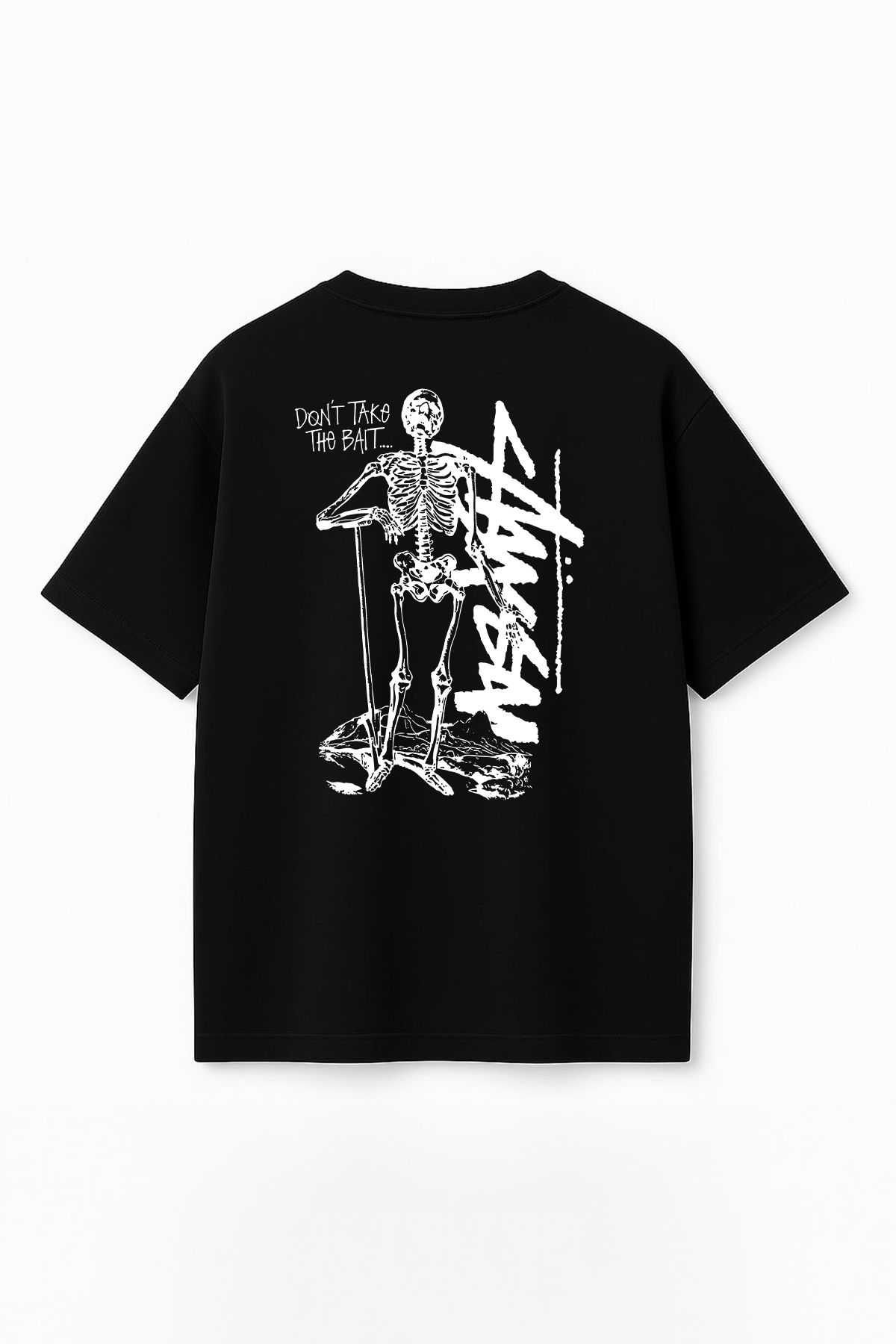 THE RULE Unisex Stüssy İskelet Baskılı Oversize %100 Pamuk Geniş Kesim Dokulu Bisiklet Yaka T-Shirt RF0514