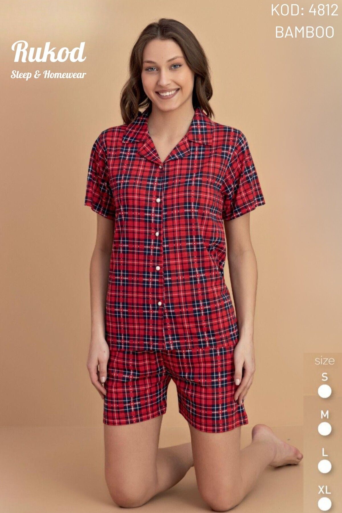 RUKOD Kadın Bambu Likralı Ekose Desenli Kısa Kollu Şortlu Kırmızı Pamuklu Yazlık Pijama Takımı