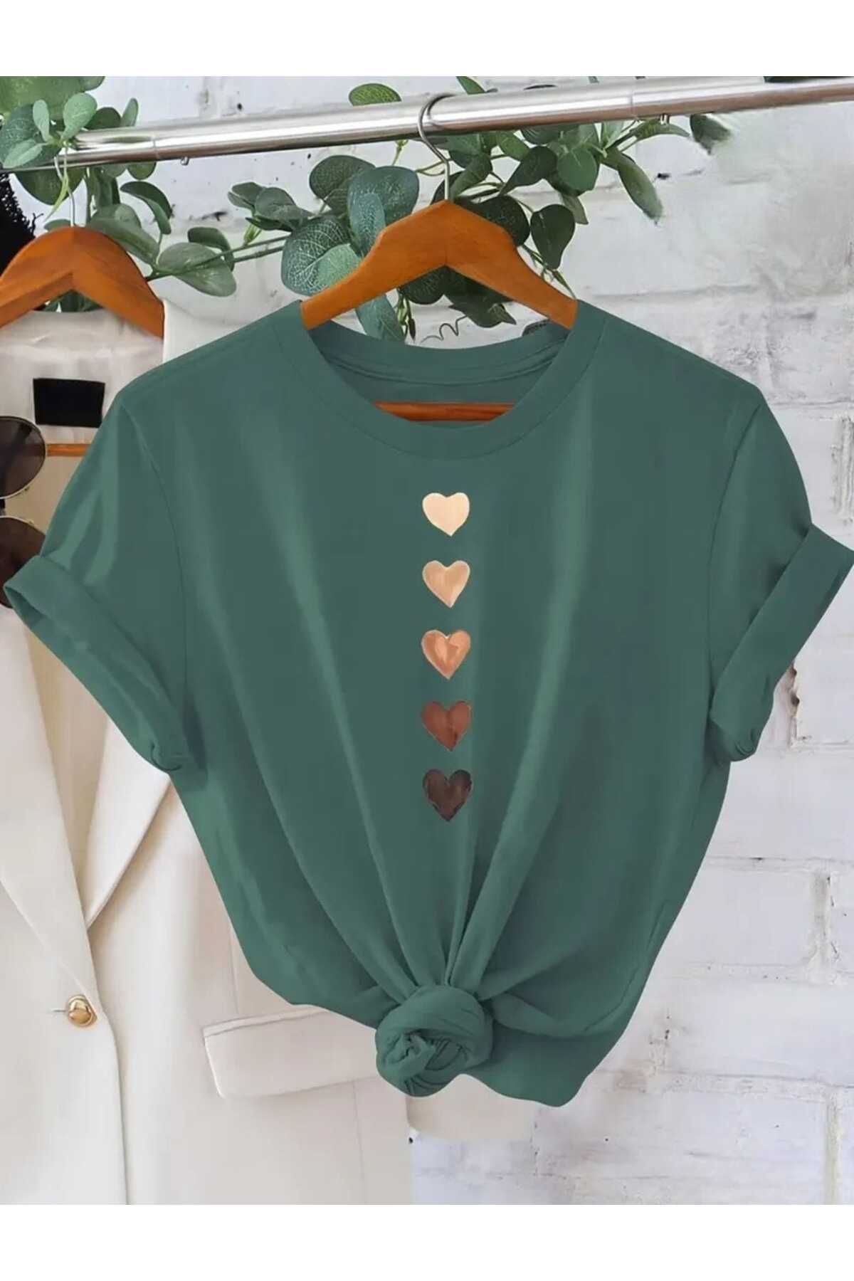 TekTarzz Unisex Sıralı Kalp Baskı Tasarımlı Trend Tshirt