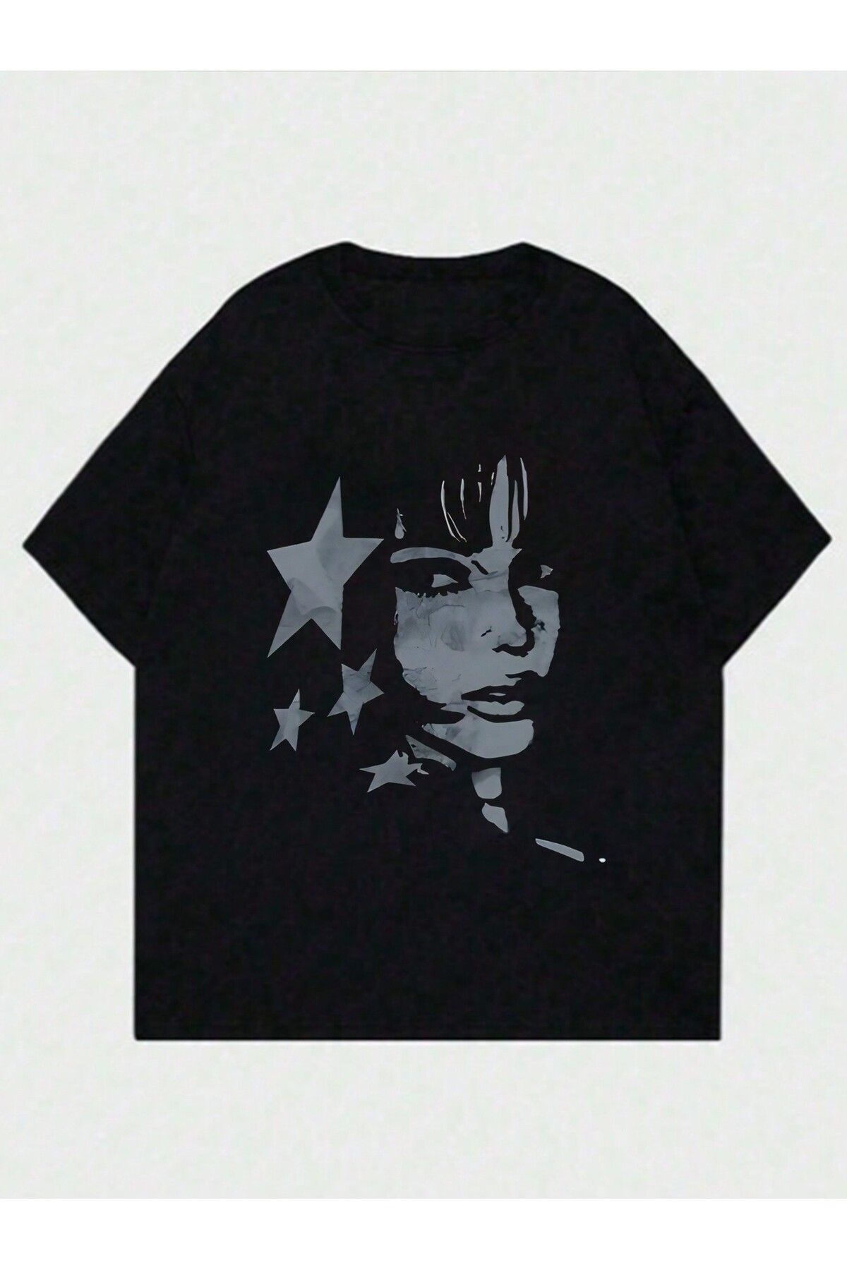 EVIus Oversize Y2K Yıldız Siluet Baskılı Bisiklet Yaka T-Shirt