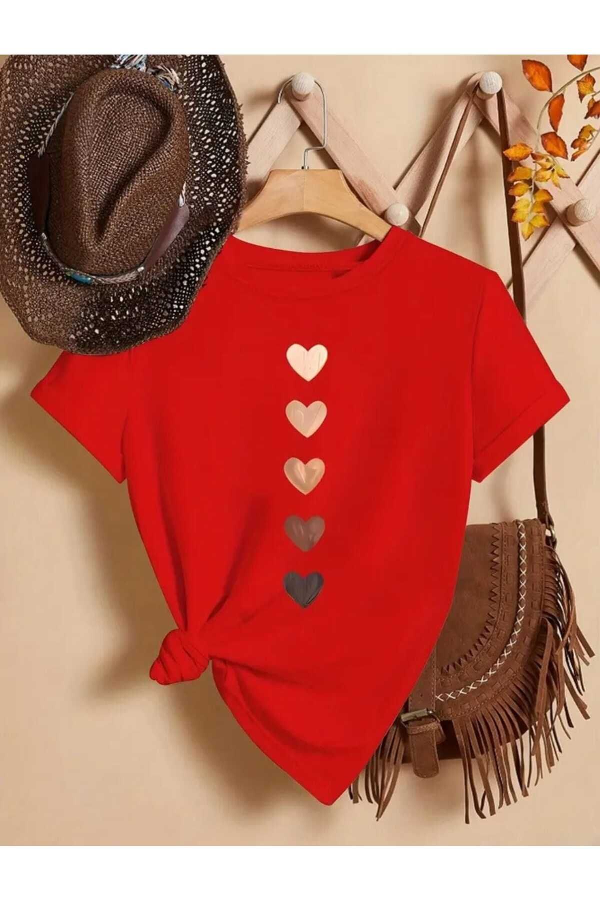 TekTarzz Unisex Sıralı Kalp Baskı Tasarımlı Trend Tshirt
