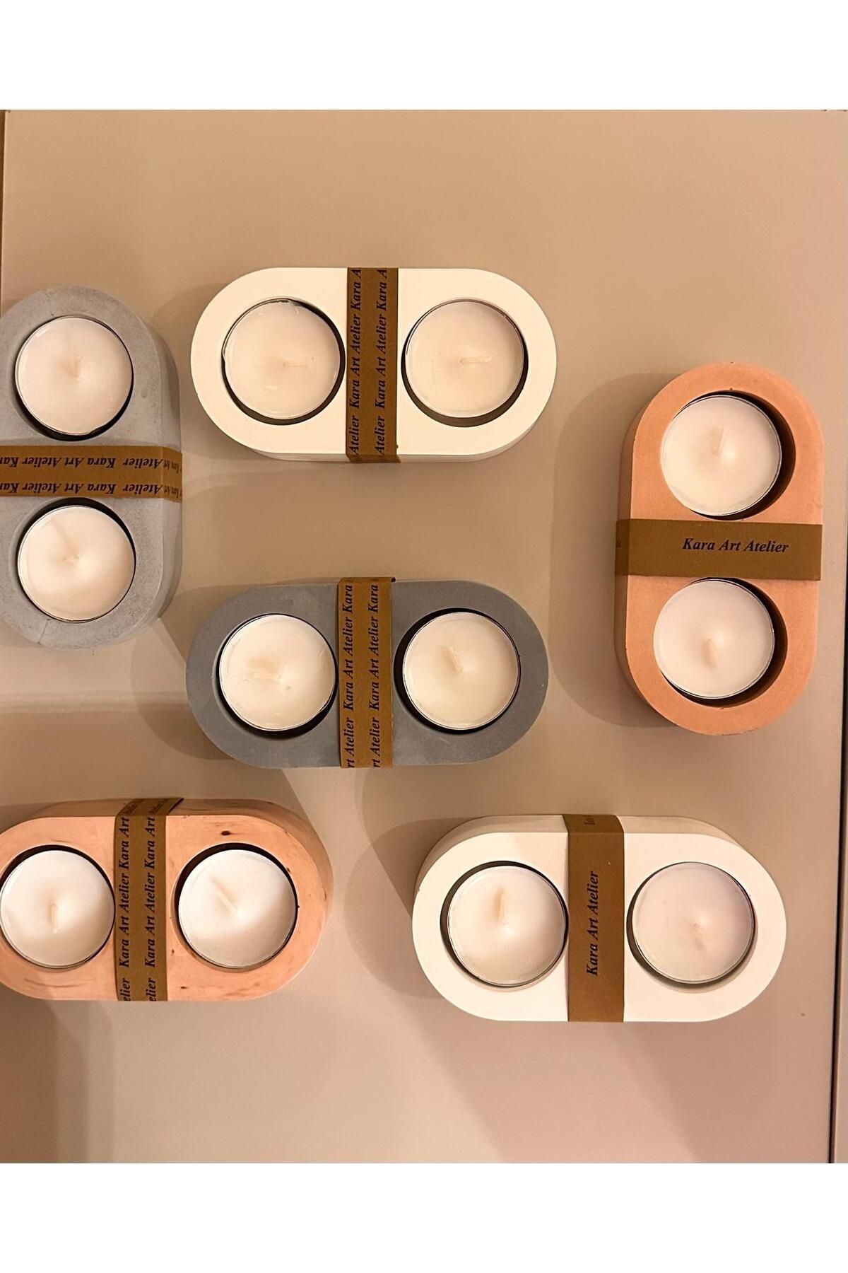 Kara Art Çift Tea Light Uyumlu Yuvarlak Minimal Mumluk Çok Renkli