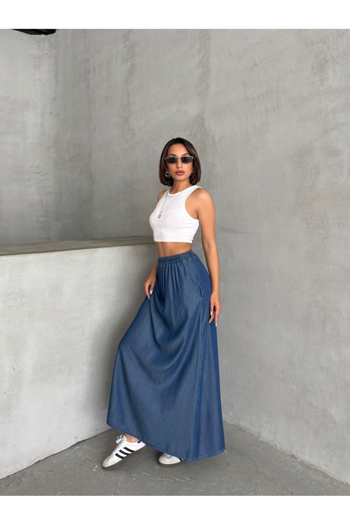 Miss Prova Bel Lastikli Yazlık Uzun Mavi Denim Etek MISSETK948
