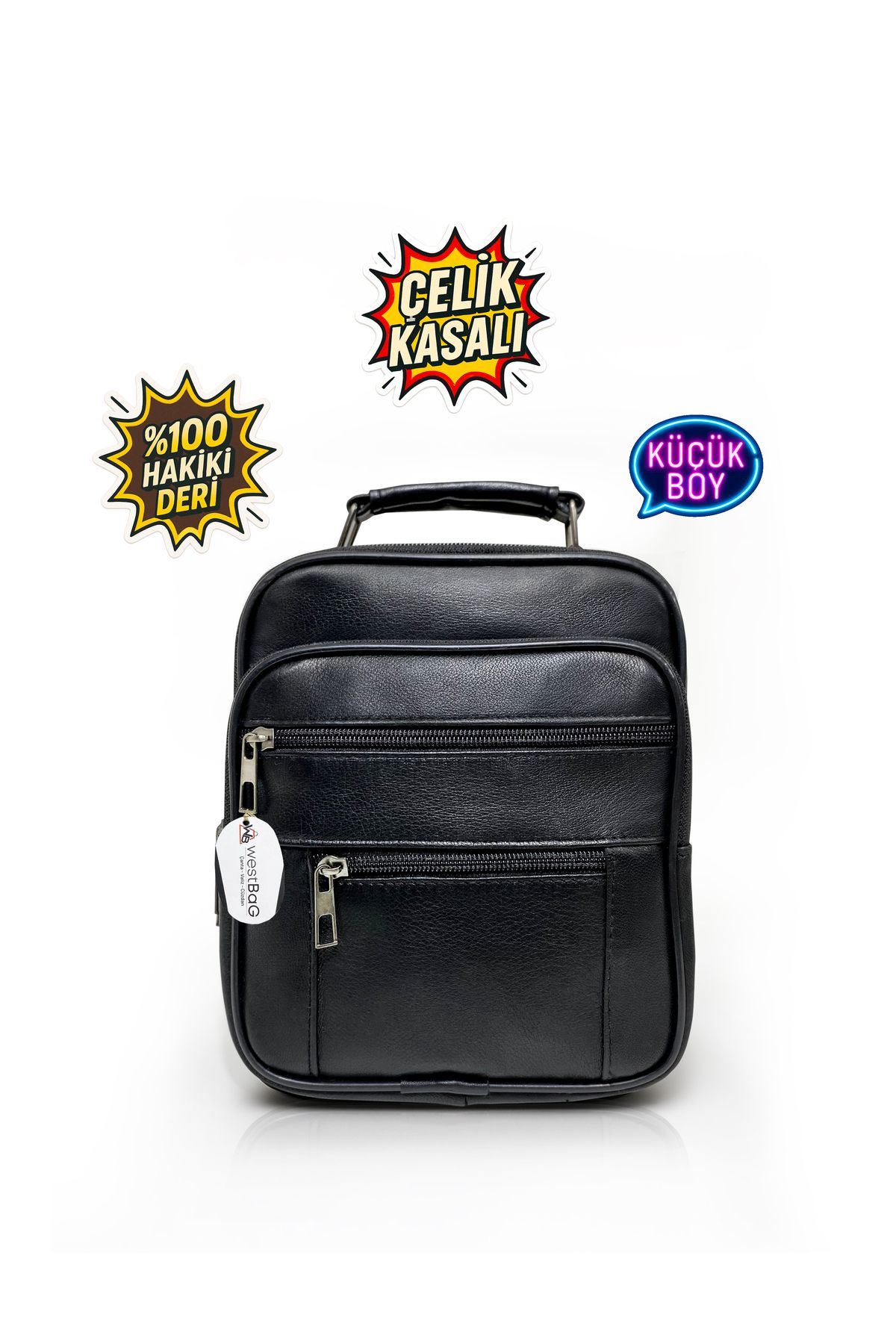 westbag Erkek Siyah Çelik Kasalı Hakiki Deri El Ve Omuz Çantası Ayarlanabilir Askılı Küçük Boy