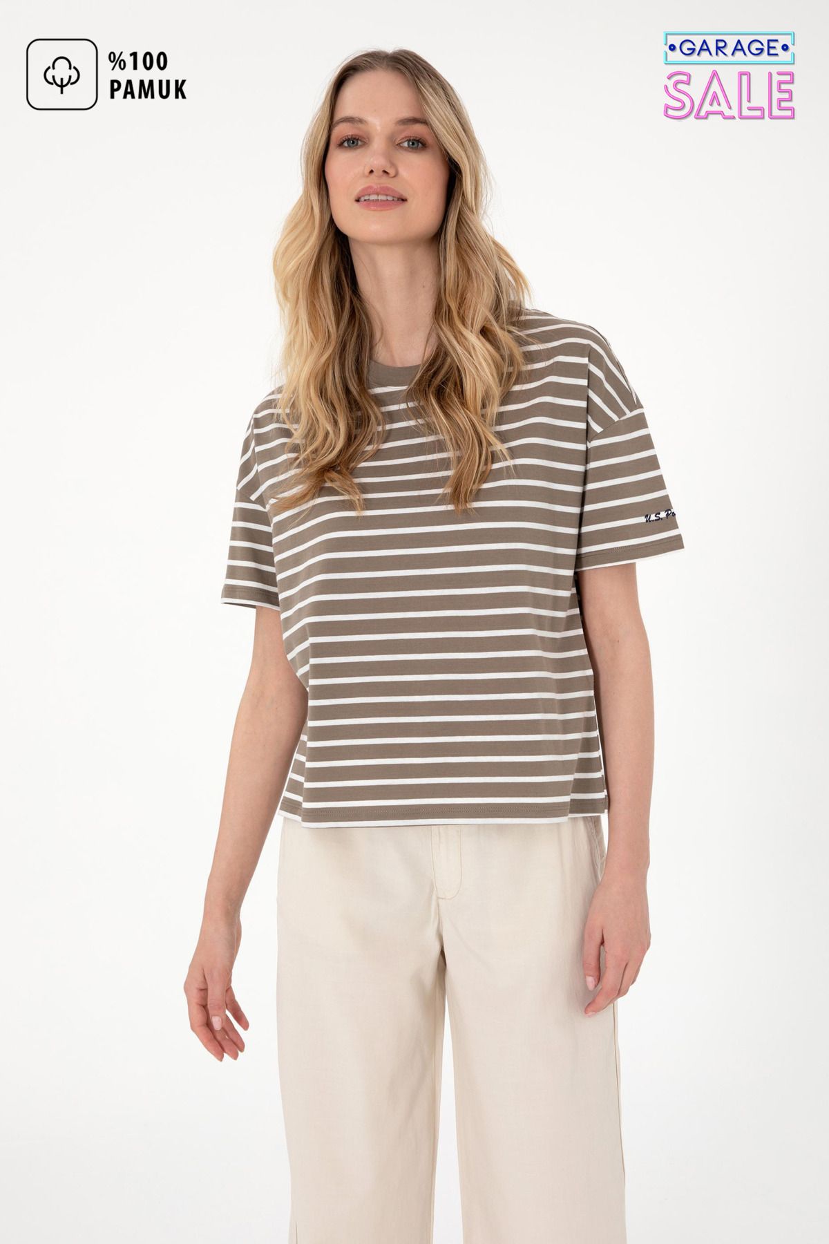U.S. Polo Assn. Kadın Vizon Çizgili T-Shirt