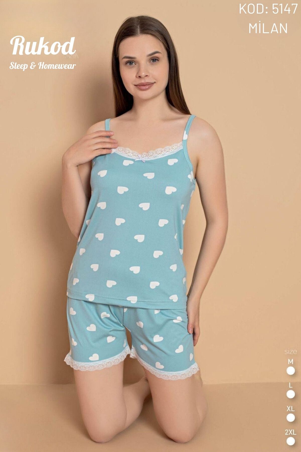 RUKOD Kadın Milan Likralı Beyaz Kalp Desenli İp Askılı Şortlu Mavi Pamuklu Yazlık Pijama Takımı