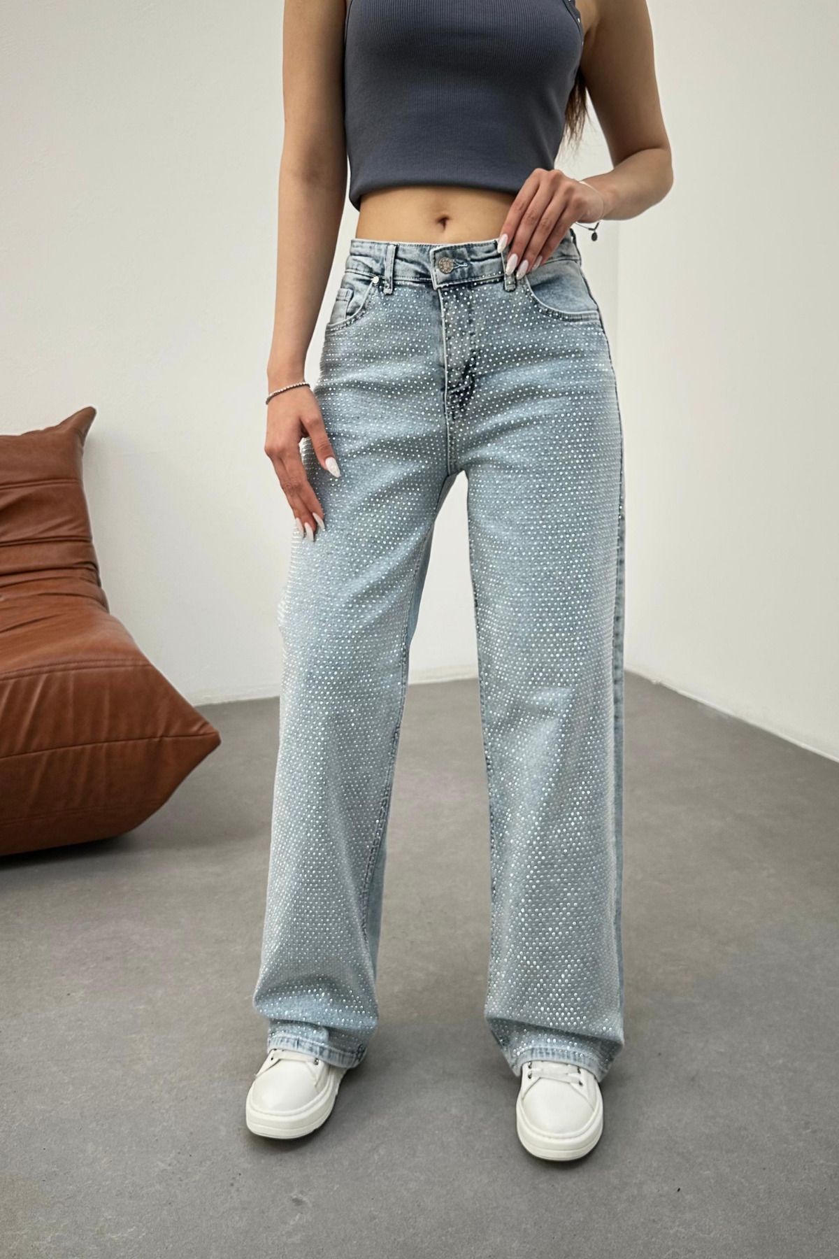 BİKELİFE Kadın Buz Mavi Yüksek Bel Mini Taşlı Likralı Straight Jean