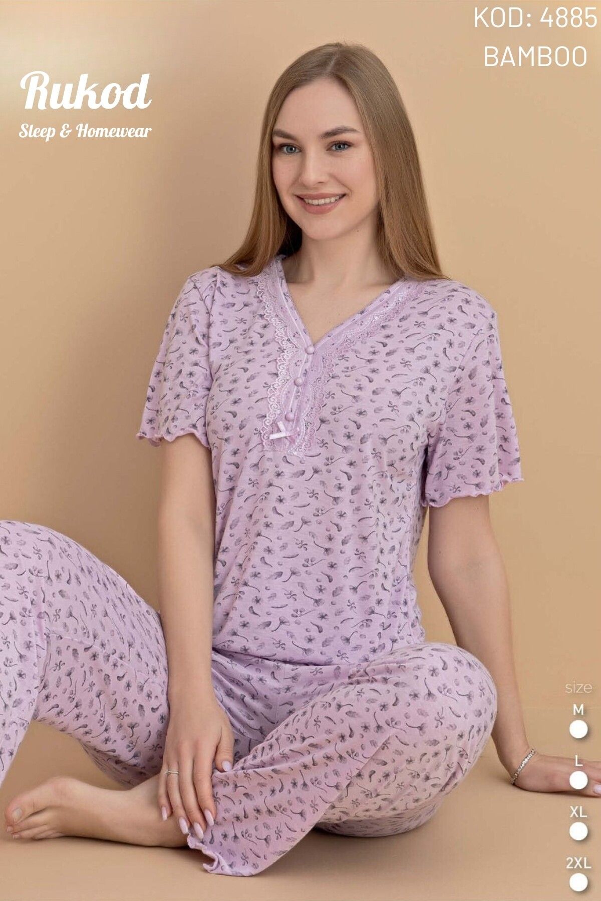 RUKOD Kadın Likralı Desenli Kısa Kollu Uzun Altlı Pamuklu Eflatun Yazlık Pijama Takımı