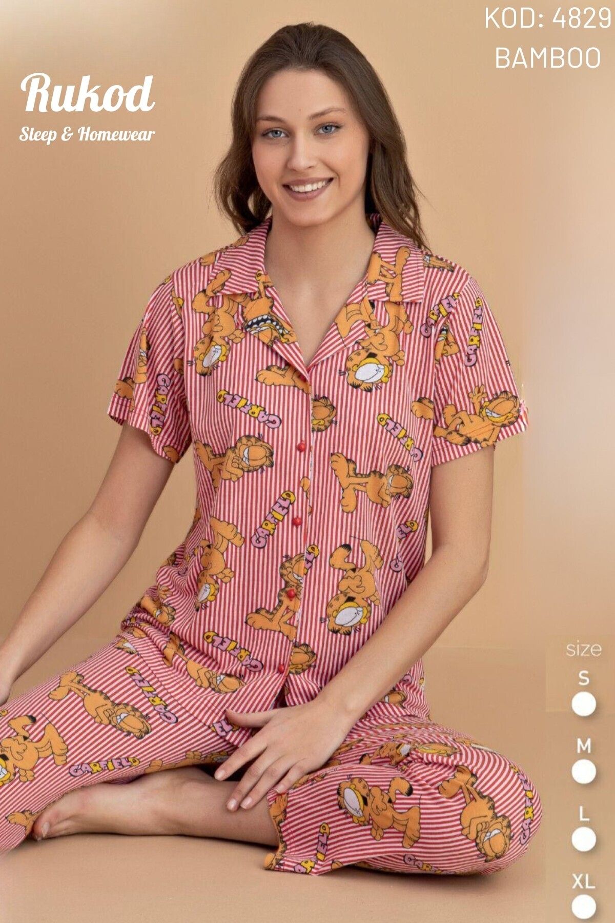 RUKOD Kadın Likralı Garlfield Kedi Desenli Kısa Kollu Uzun Altlı Pamuklu Yazlık Pijama Takımı