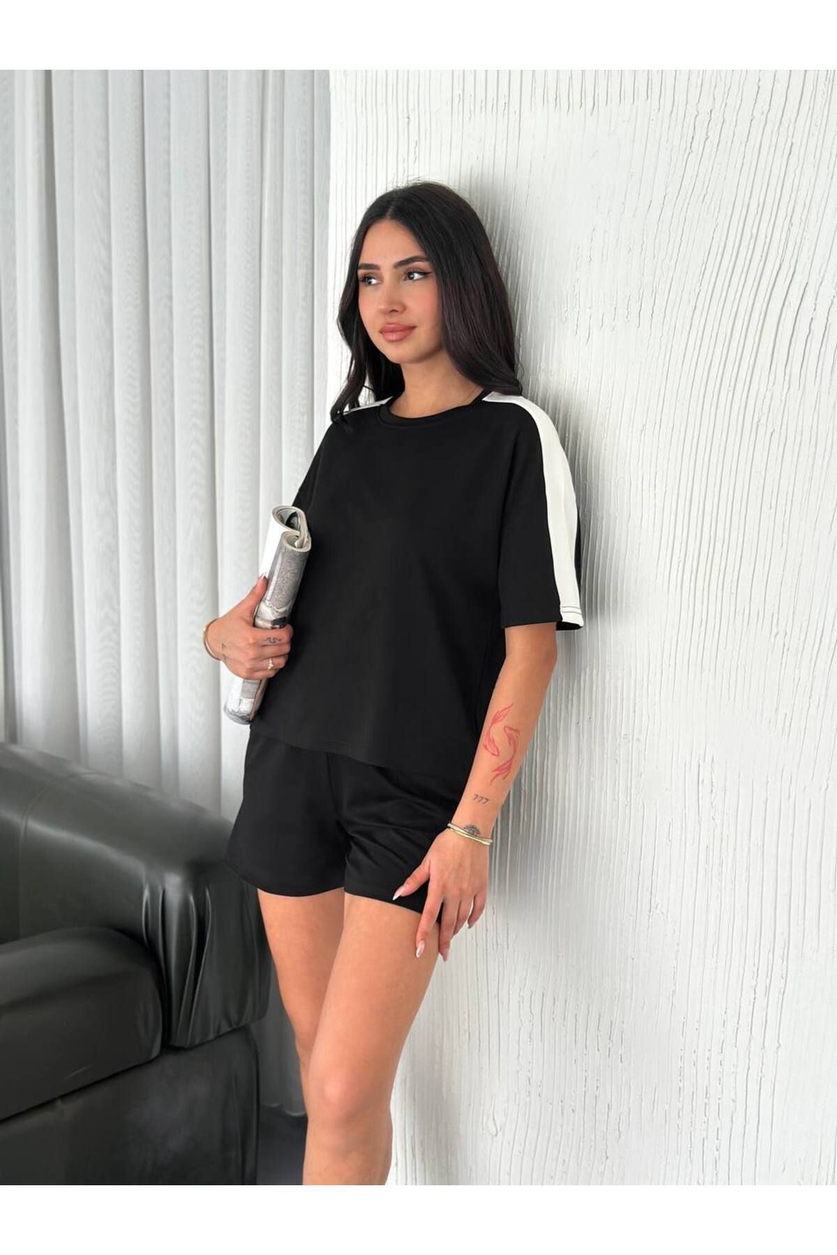 FIABAFASHİON fiabafashion Şeritli Modal Şort Takım