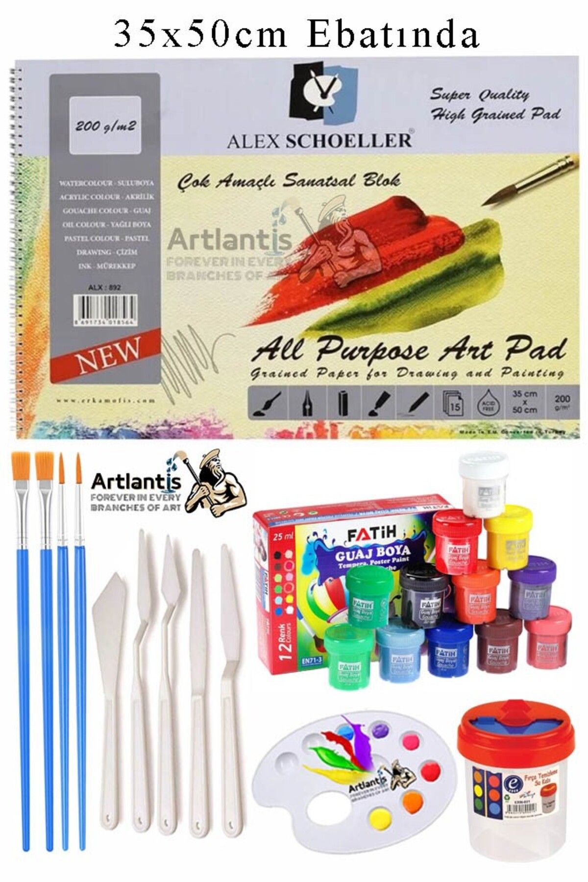 Artlantis Alex Schoeller Çok Amaçlı Sanatsal Blok 35x50 200 gr 15 Yaprak Fatih 12 Renk 20 ml Guaj Boya Plastik