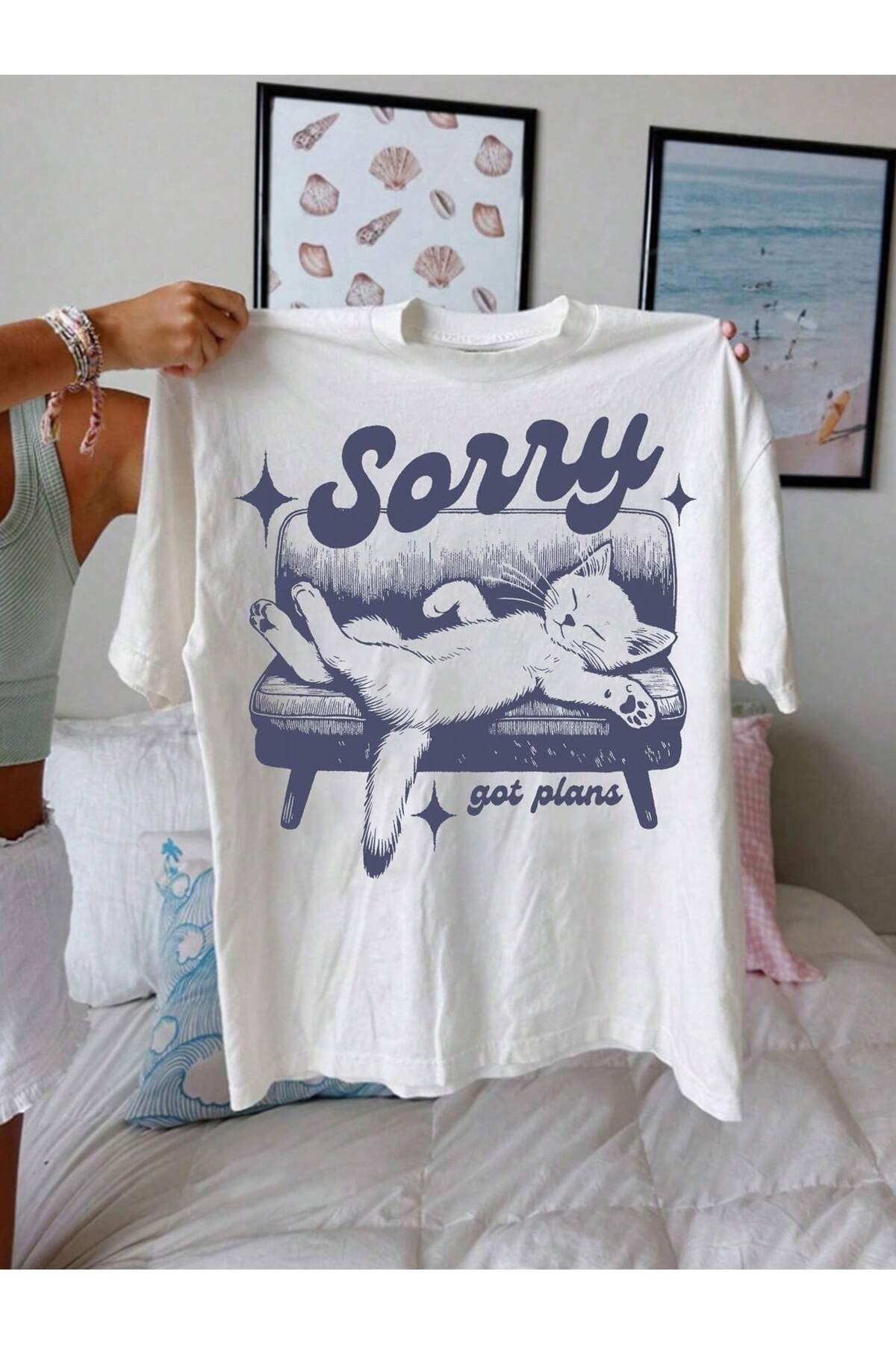 EVIus Oversize Sorry Got Plans Baskılı Bisiklet Yaka T-Shirt