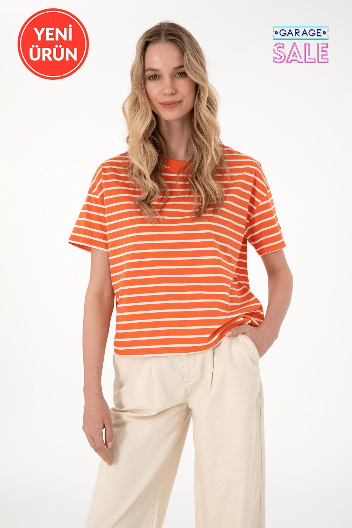 U.S. Polo Assn. Kadın Nar Çiçeği Çizgili T-Shirt