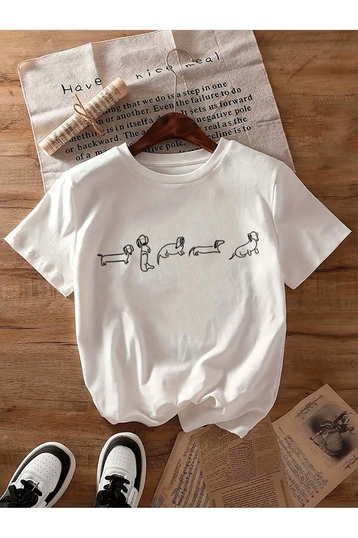 EVIus Oversize Tatlı Köpekler Baskılı Bisiklet Yaka T-Shirt