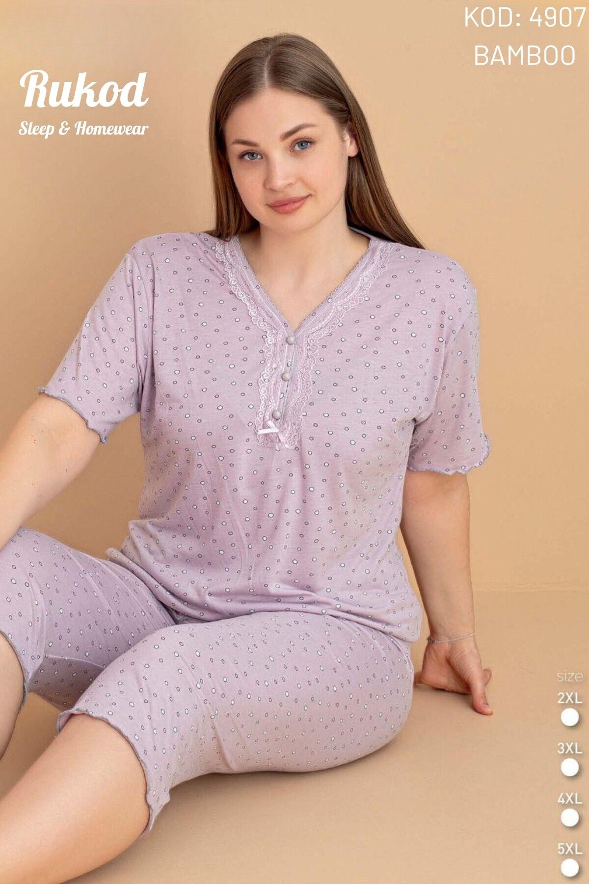RUKOD Kadın Büyük Beden Bambu Kumaş Mor Puantiye Desenli Kısa Kollu Kaprili Pamuklu Pijama Takımı