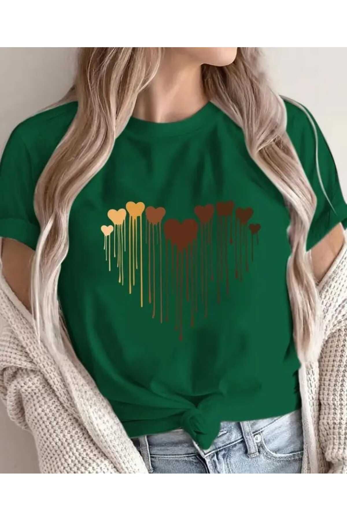TekTarzz Unisex Renkli Kalp Baskı Tasarımlı Trend Tshirt
