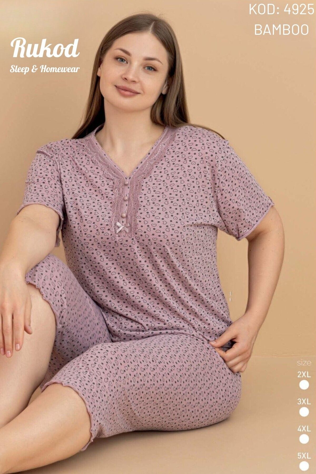 RUKOD Kadın Büyük Beden Bambu Kumaş Mor Kalp Desenli Kısa Kollu Kaprili Pamuklu Pijama Takımı