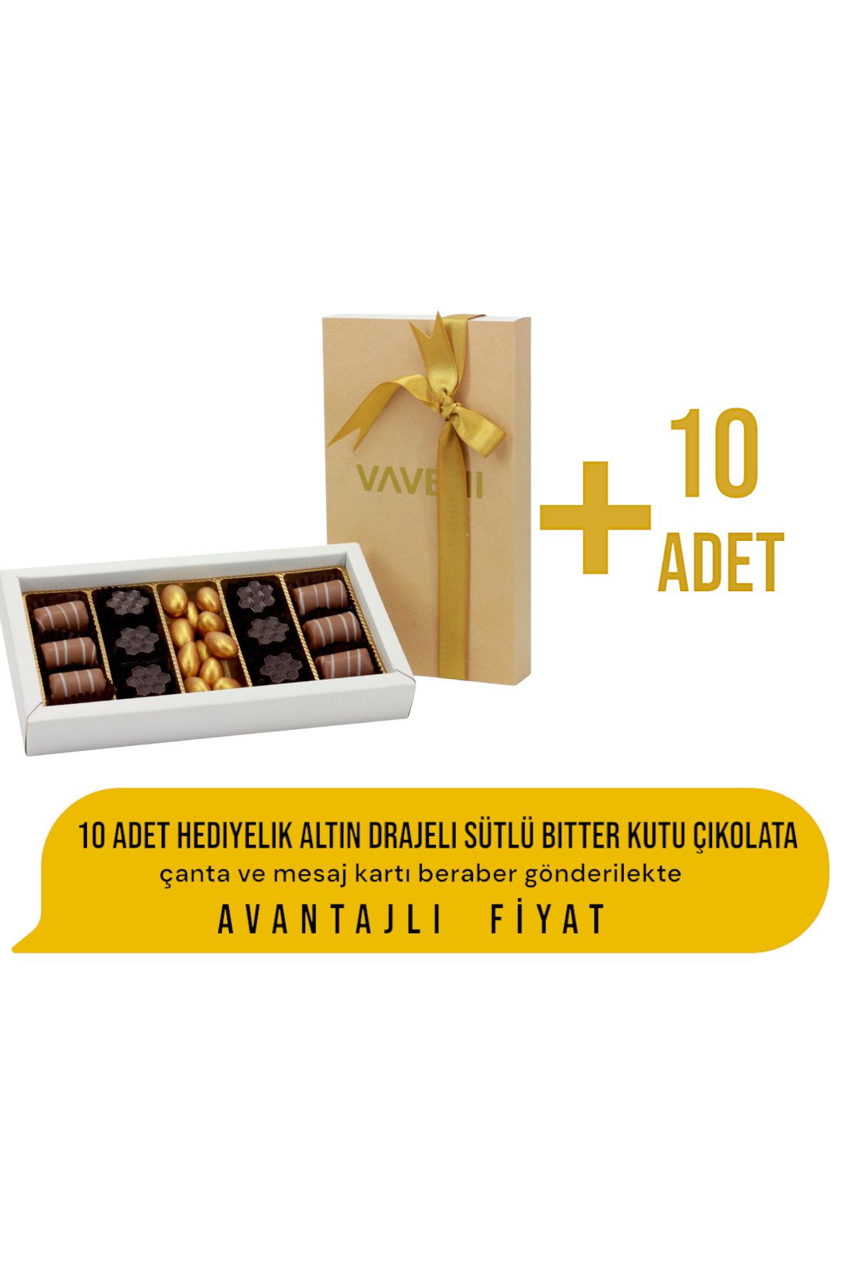 VAVENİ 10 Adet Hediyelik Altın Drajeli Sütlü Bitter Çikolata