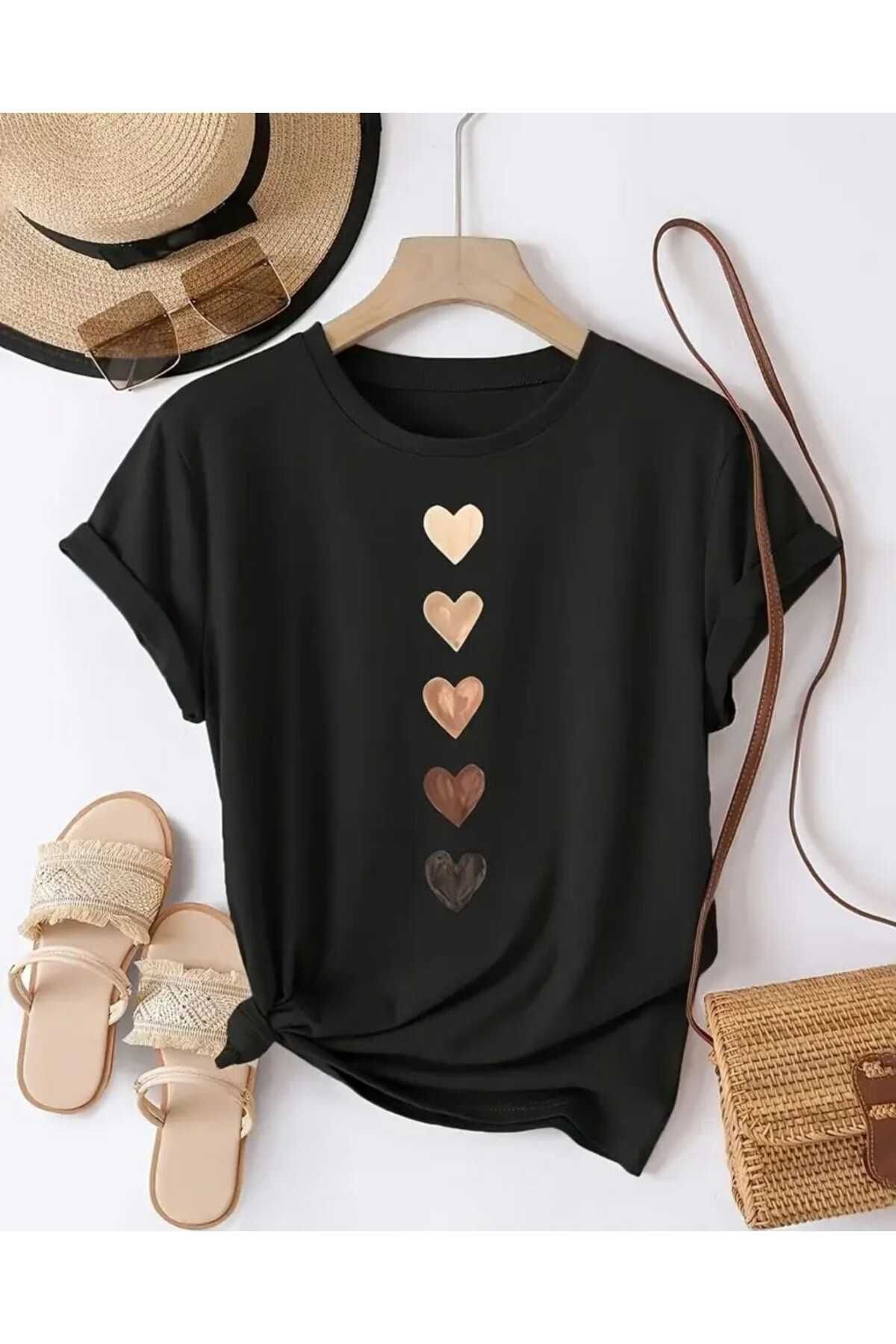 TekTarzz Unisex Sıralı Kalp Baskı Tasarımlı Trend Tshirt