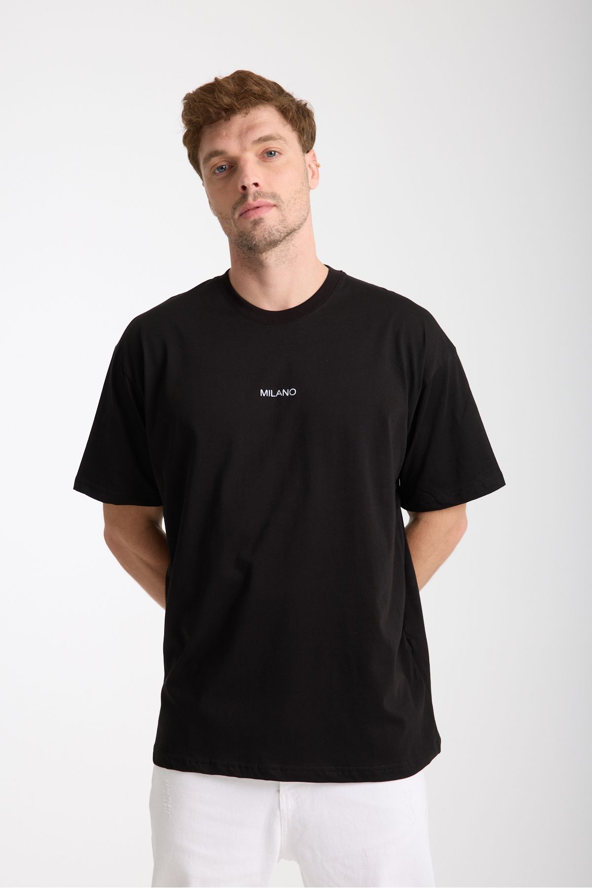COOL TARZ Erkek Siyah Milano Nakış Yazılı Oversize Bisiklet Yaka T-Shirt