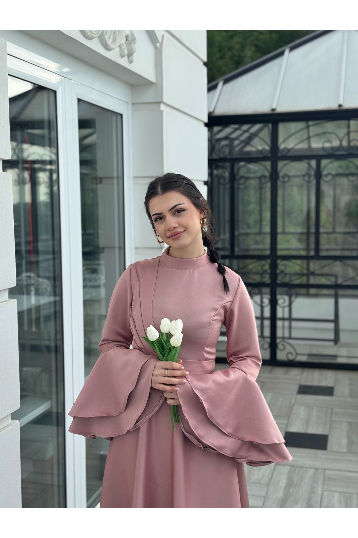 essolaria MİORA Kadın Gül Kurusu Kolları Volanlı Tesettür Elbise/Abiye