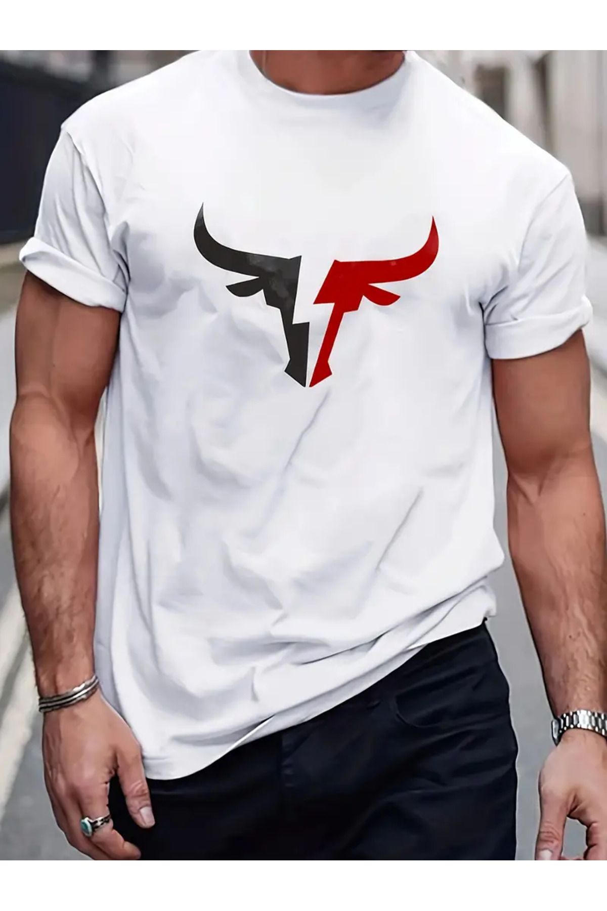 AEMİ Unisex Bull Baskılı Oversize Bisiklet Yaka T-shirt