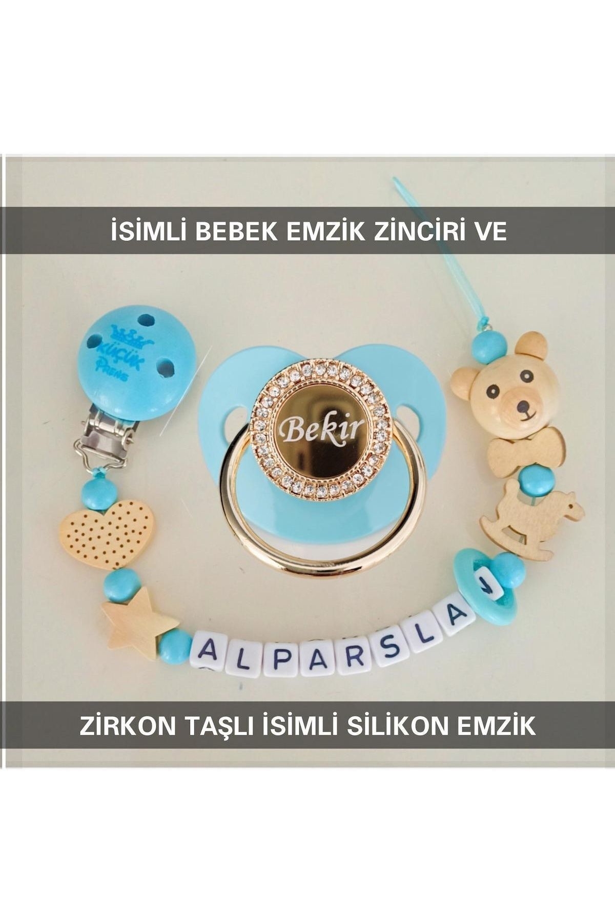 Sahi Aksesuar Isimli Bebek Emzik Zinciri Ve Bebek Silikon Damaklı Emzik Seti (0-6 AY)