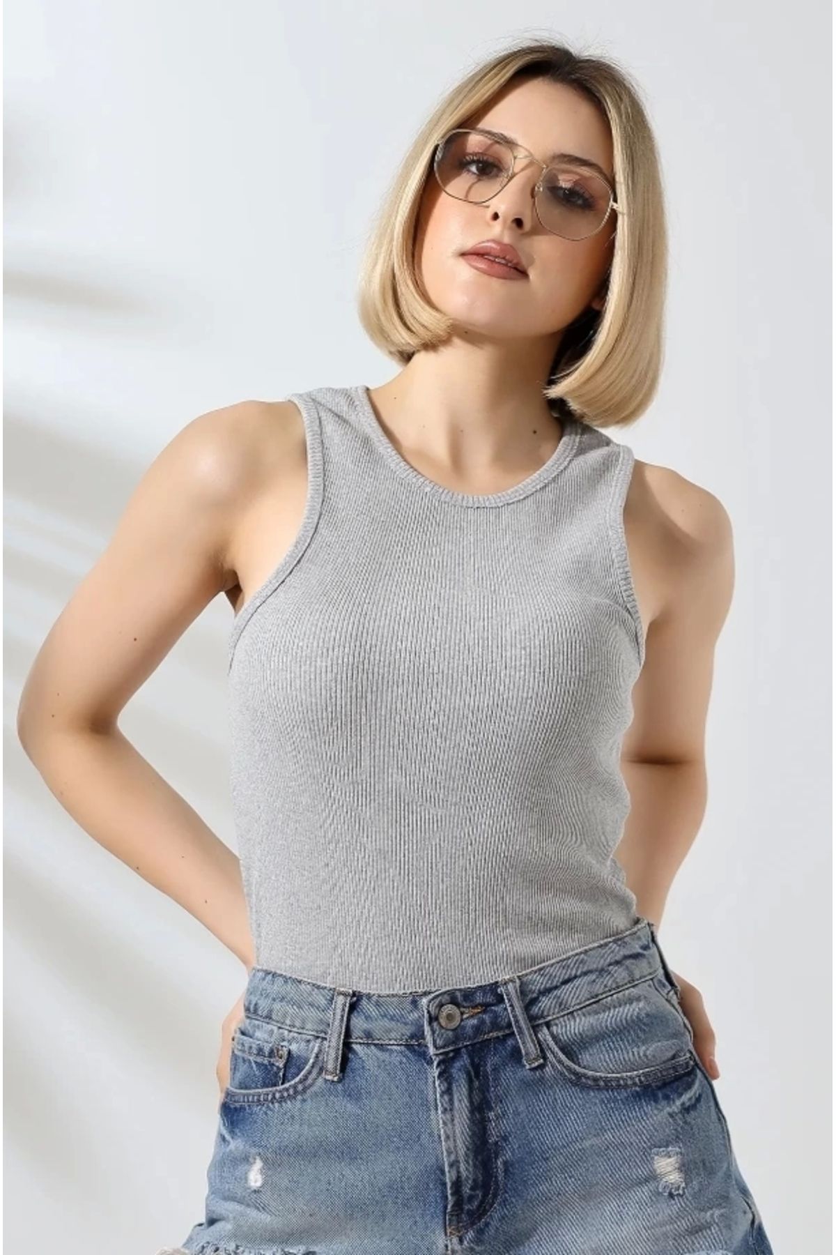 SESUME Kadın Halter Yaka Fitilli Likralı Body